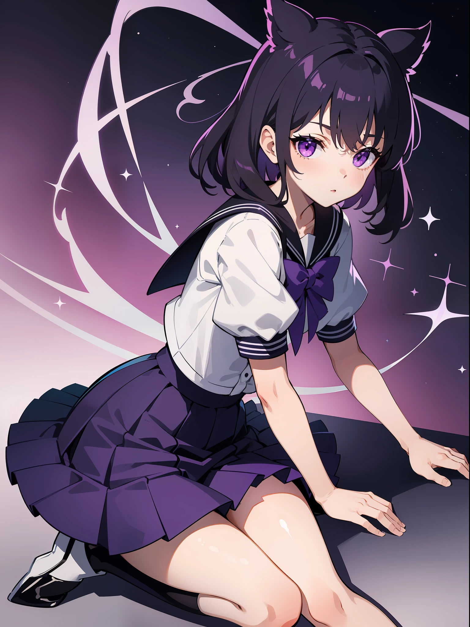 Hotaru Tomoe is a small girl with dark violet hair, has very pale skin, wears a white shirt with a bow in the middle and a detail of a purple star, It also contains a purple skirt with a cross pattern of the same color, juntamente com um minishort, Anime Sailor moon
