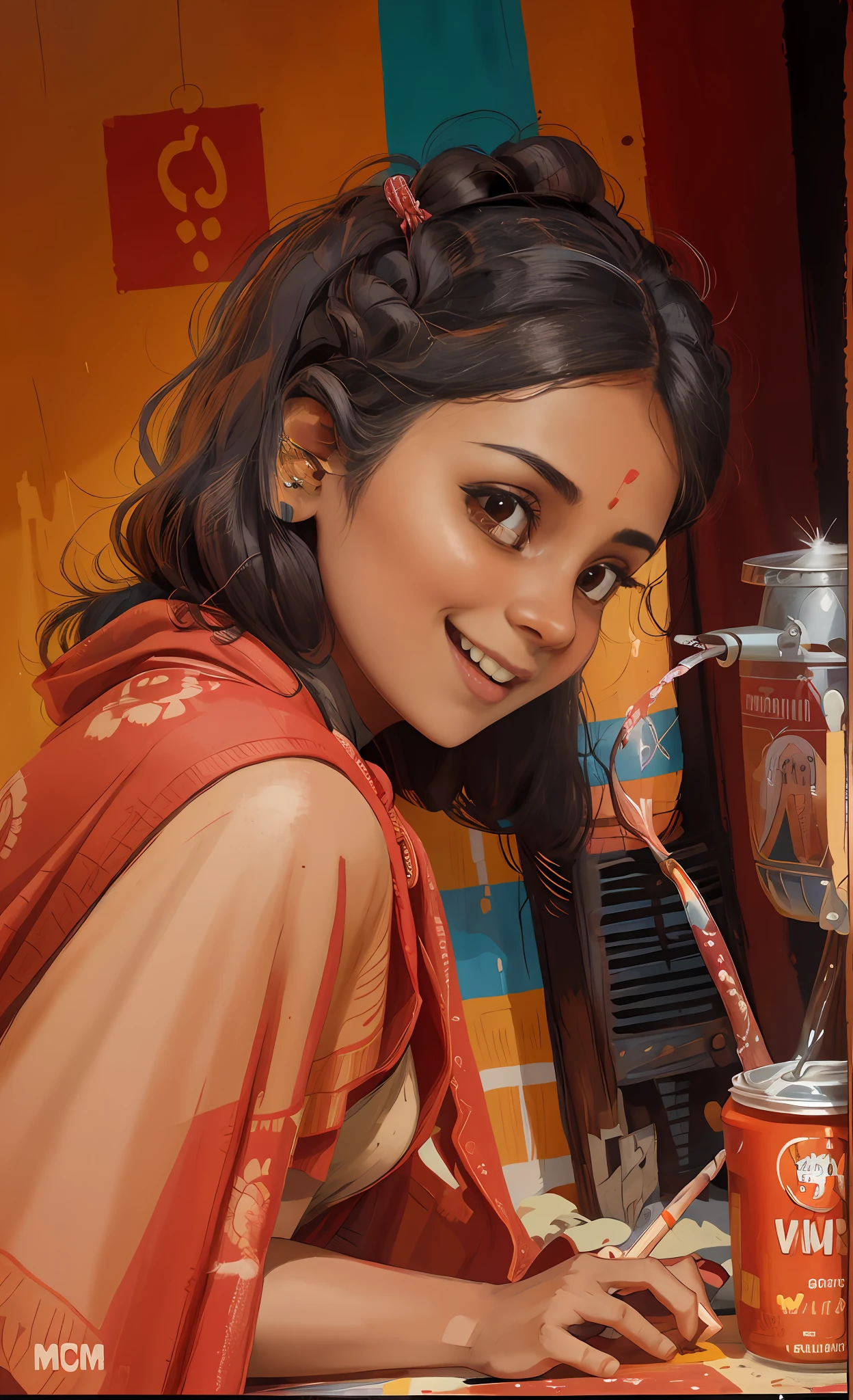 there is a woman in a red poncho, a colorized photo by T. K. Padmini, tumblr, hurufiyya, with lovely look, around 1 9 , indian girl with brown skin, profile pic, innocent smile painting of a woman, vibrant and bold pop art with high contrast colors, dynamic composition, and exaggerated details
