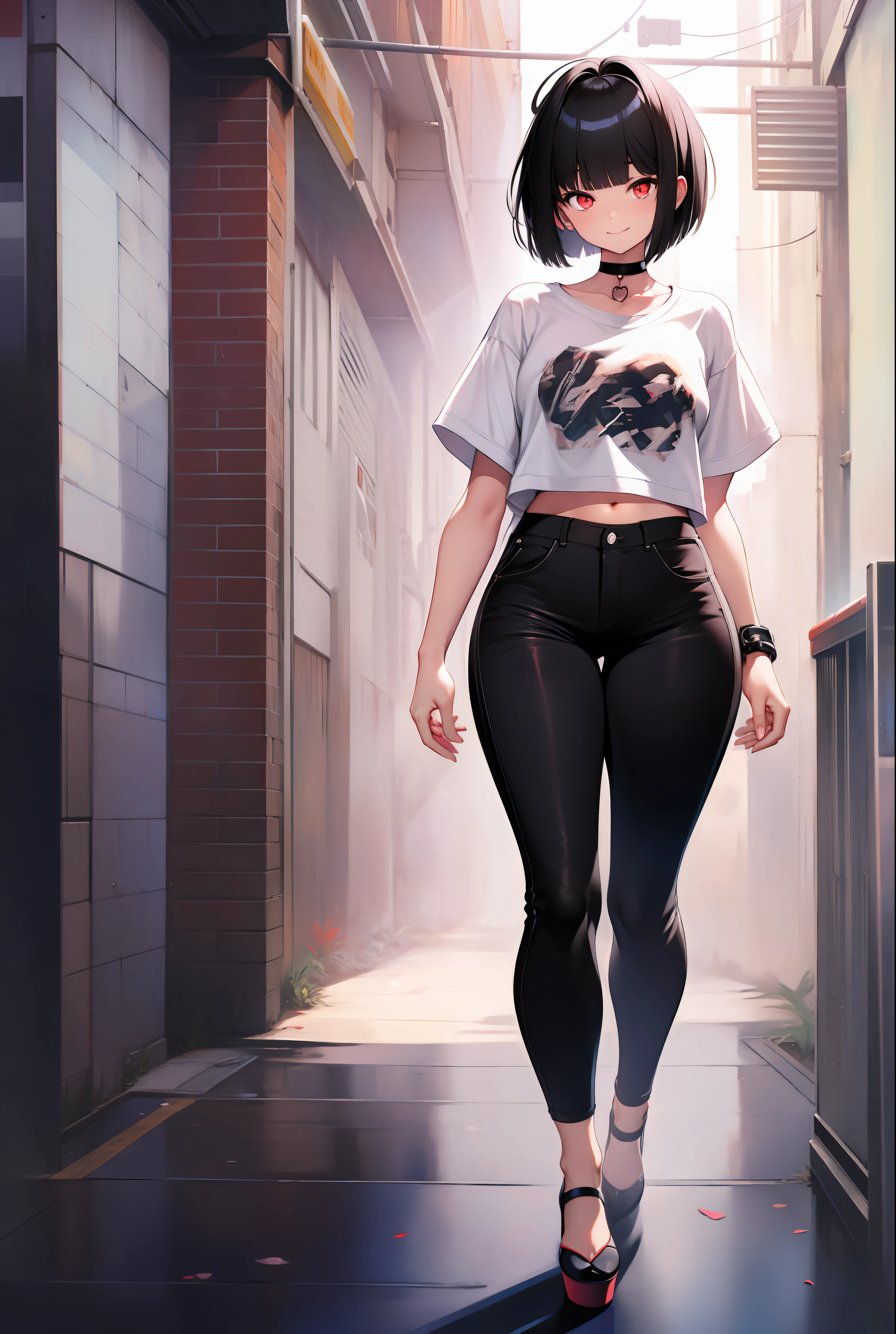 Curvy guy with short black hair and dull red eyes and flat chest wearing a choker, happy, lonely, bare legs, wide hips, bangs, (flat chest), ((flat chest)), bangs, white t-shirt, black pants, platform high heels, solo, mature body, casual, full body