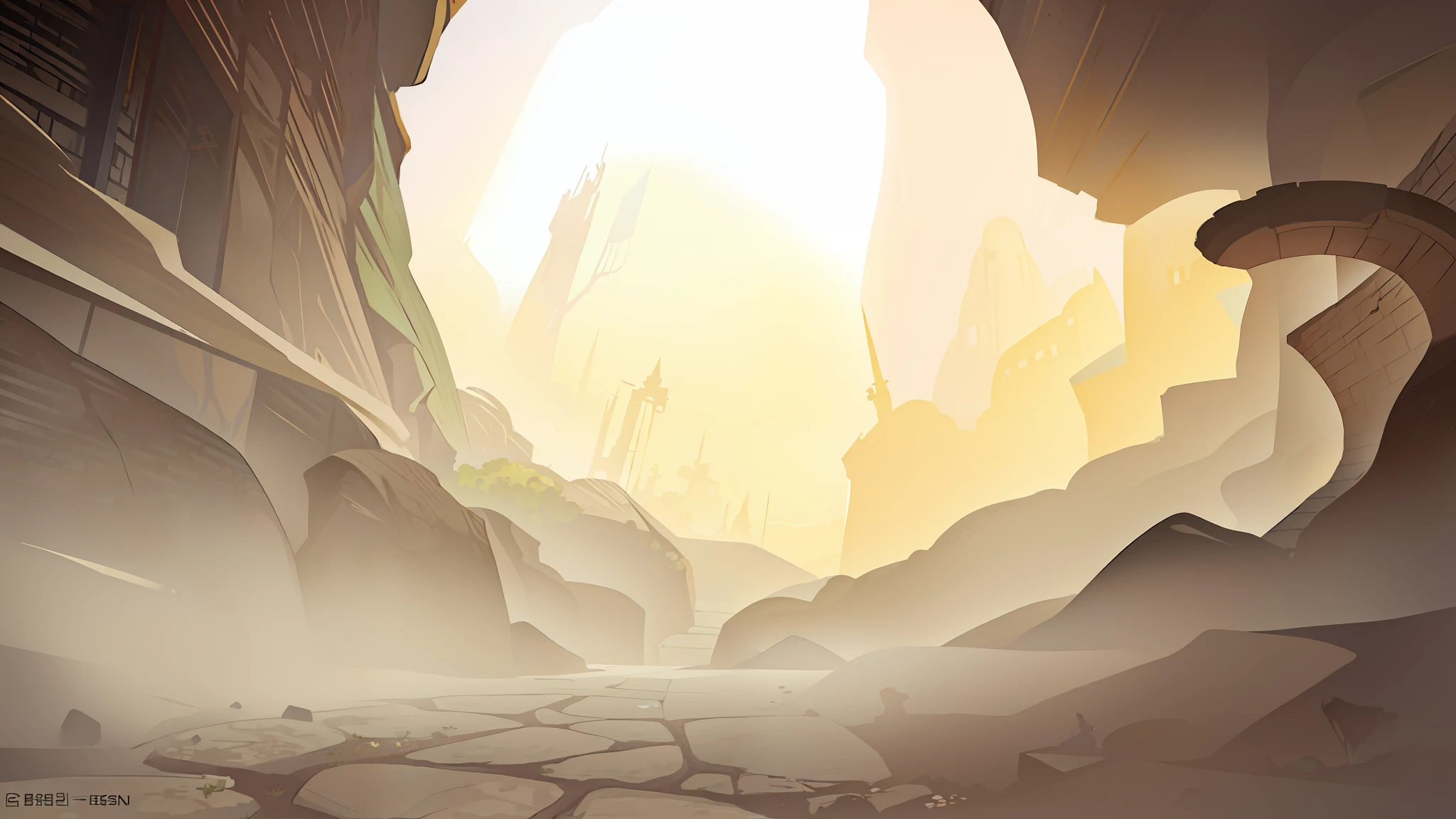 ssee-through,Look up at the perspective,Gravel floor,Contre-Jour,canyons,gravel path,Stone walls,battlefiled,Scenes,China-style,(VerydetailedCG),depth of fields,