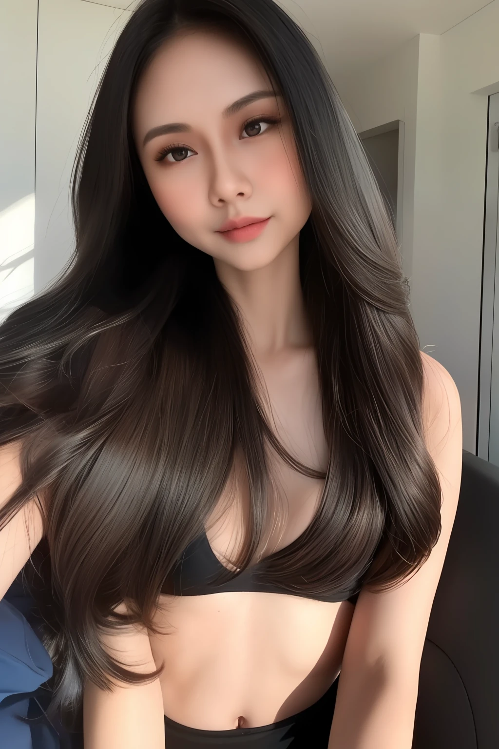 best quality, masterpiece,  (realistic:1.2), 1 girl, black long hair, black hair, very long hair, brown eyes, Front, wearing underwear, bra amd panties, bra exposed, bra seen, detailed face, beautiful eyes, malay, malaysian, detailed skin, skin texture, smile, shoulder exposed, dark background, high resolution, detailed hair, ((intan Najuwa)), flat chest, small brest, small chest, small tits, dark skin,