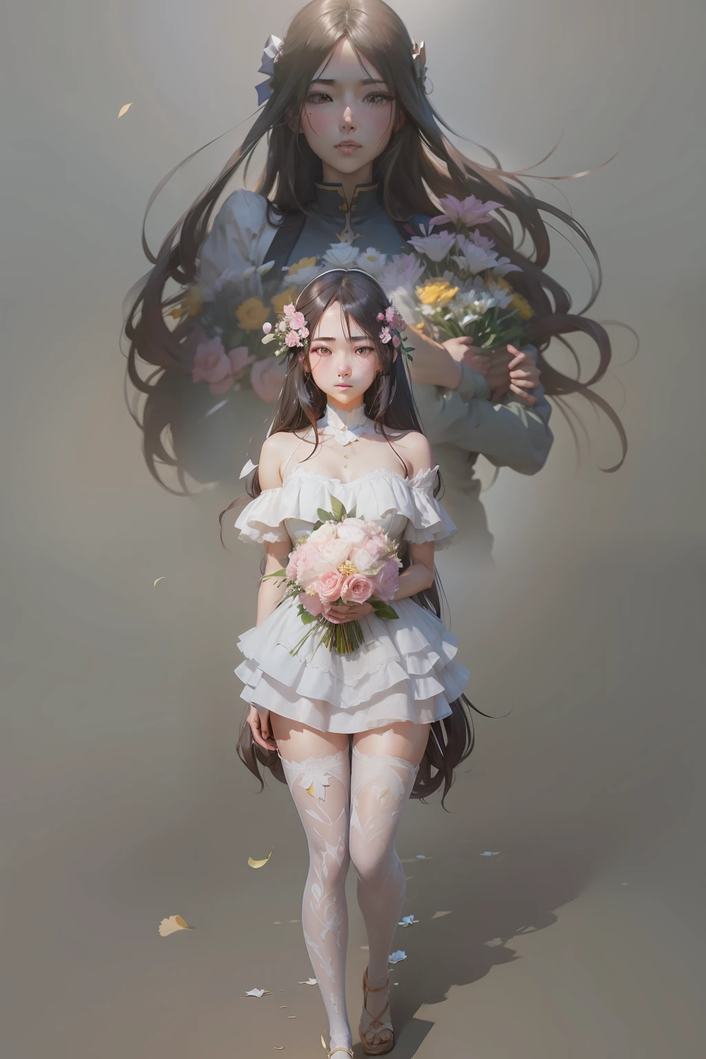 Anime girl with long hair holding a bouquet of flowers and another girl with long hair, Arte no estilo de Guweiz, Wlop e Sakimichan, Guweiz, Artgerm e Atey Ghailan, por Yang J, loish e wlop, Ruan Jia e Artgerm, Makoto Shinkai e Artgerm