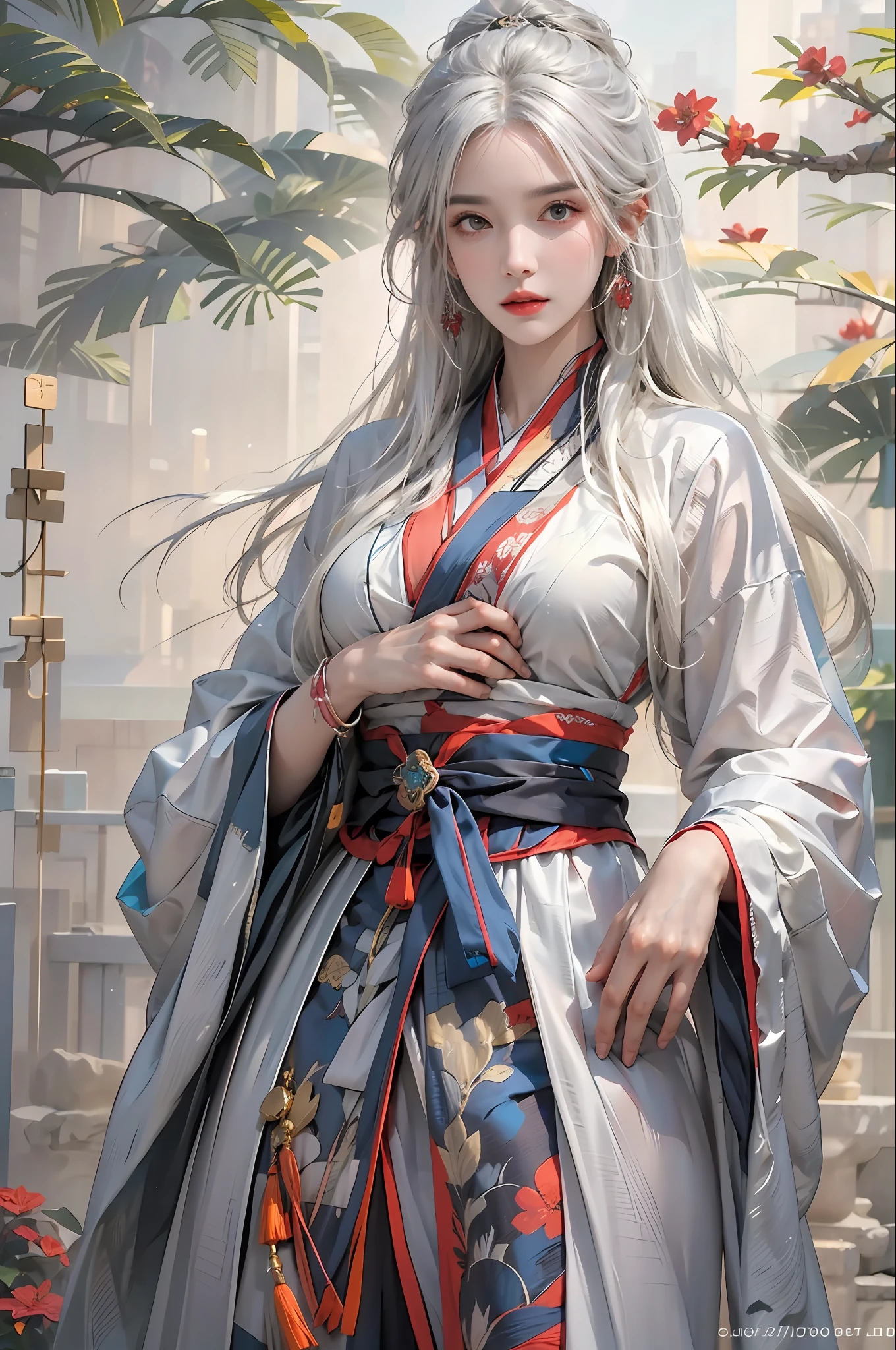 photorealistic, high resolution, 1women, solo, hips up, look at viewer, (detailed face), white hair, long hair, colorful Taoist robe,oversized clothes, midjourney portrait, jewelry