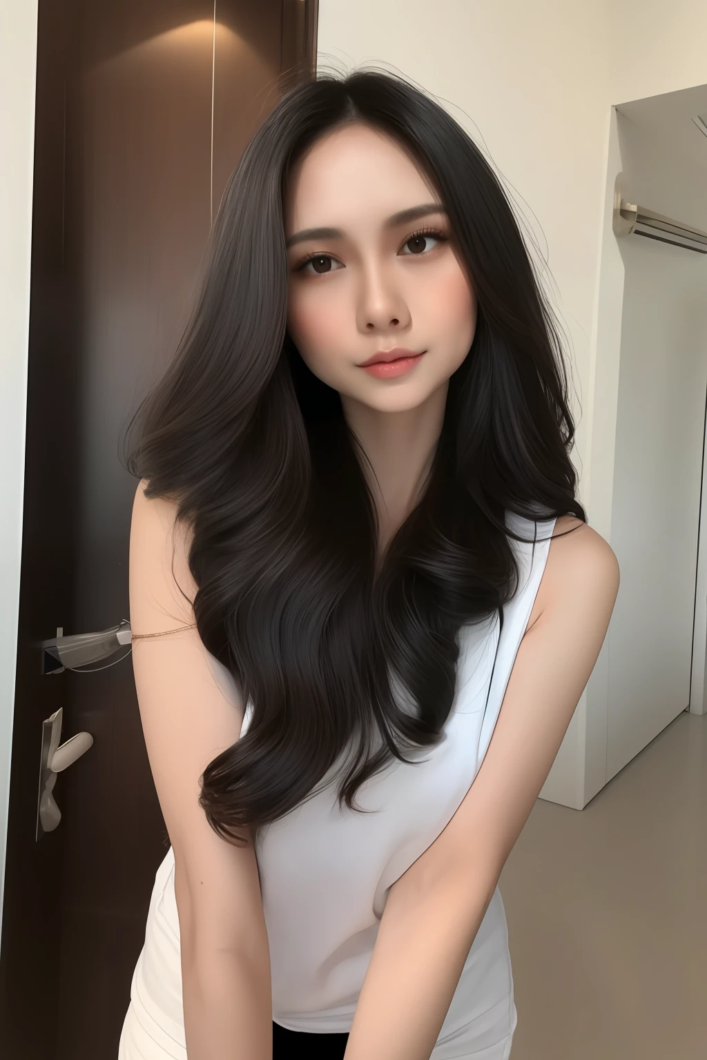 best quality, masterpiece,  (realistic:1.2), 1 girl, black long hair, black hair, very long hair, brown eyes, Front, wearing underwear, bra amd panties, bra exposed, bra seen, detailed face, beautiful eyes, malay, malaysian, detailed skin, skin texture, smile, shoulder exposed, dark background, high resolution, detailed hair, ((intan Najuwa)), flat chest, small brest, small chest, small tits, dark skin,