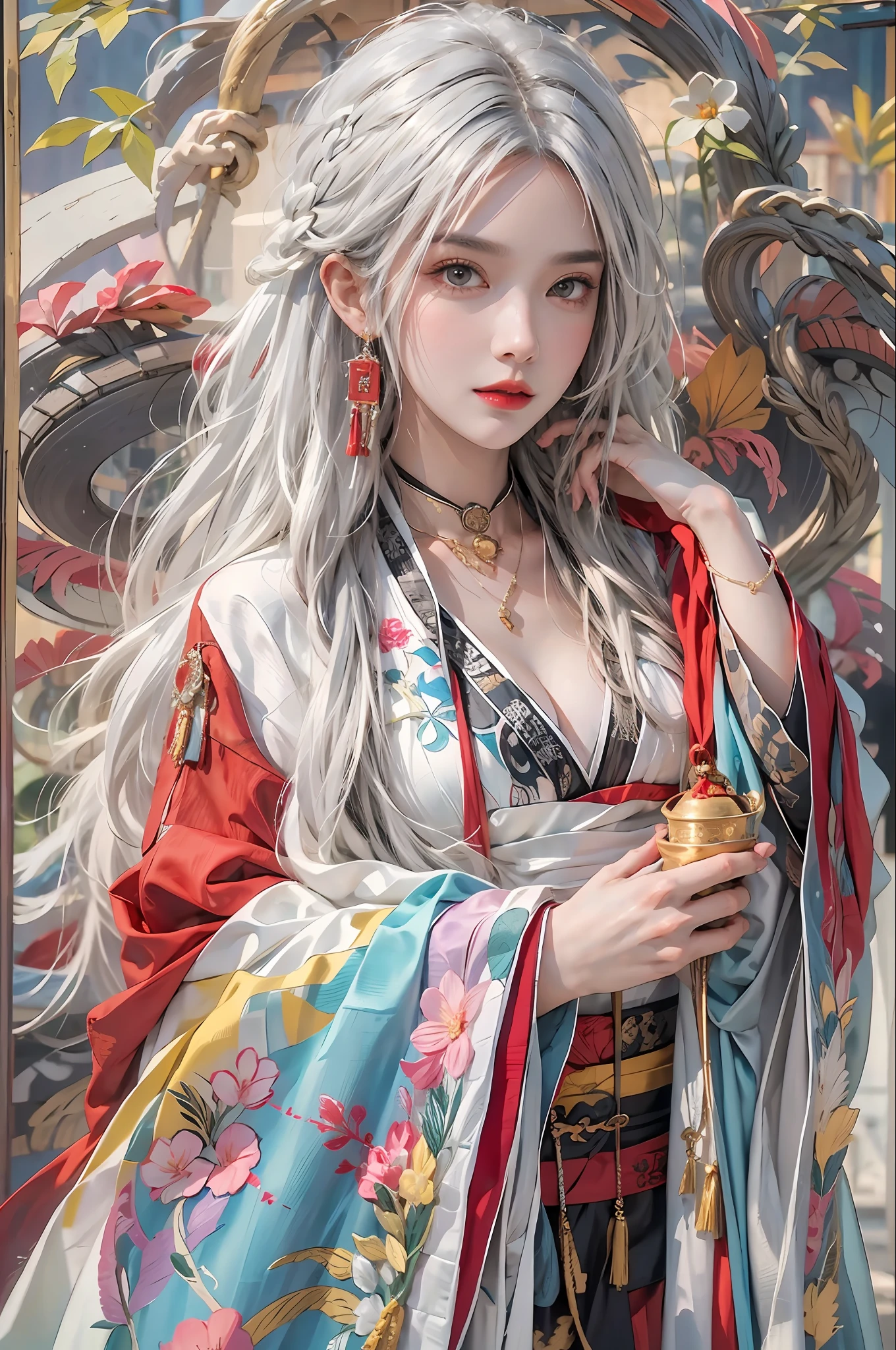photorealistic, high resolution, 1women, solo, hips up, look at viewer, (detailed face), white hair, long hair, colorful Taoist robe,oversized clothes, midjourney portrait, jewelry