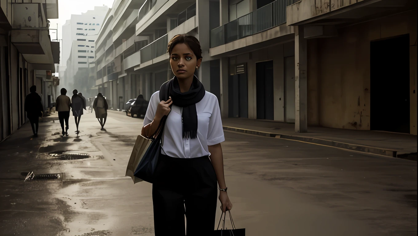 Foto realista, mulher meia idade, whitish eyes, olhos de espanto e medo, cabelos preto liso ondulado, pele clara, black pant, camisa marrom, casaco cinza, scarf around the neck, with a shopping basket in hand, in the background and many people post-apocalyptic scenario, ambiente desolado olhar muito triste.