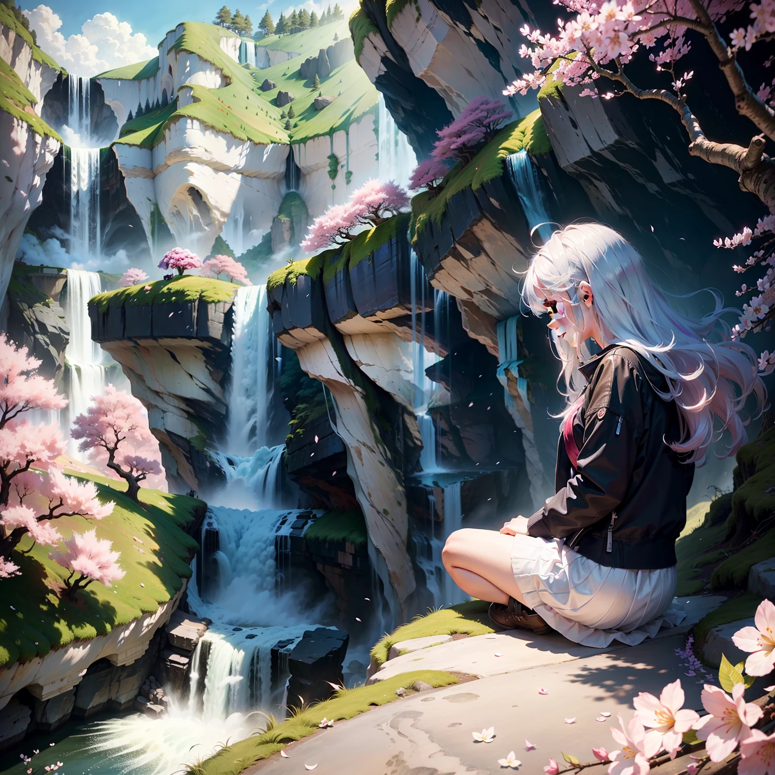 A girl leans sideways under a cherry blossom tree on the edge of a cliff,The wind blew her hair, whose main hue was white, and her hair reflected colorful light,A waterfall under the cliff cascades down and has a rainbow