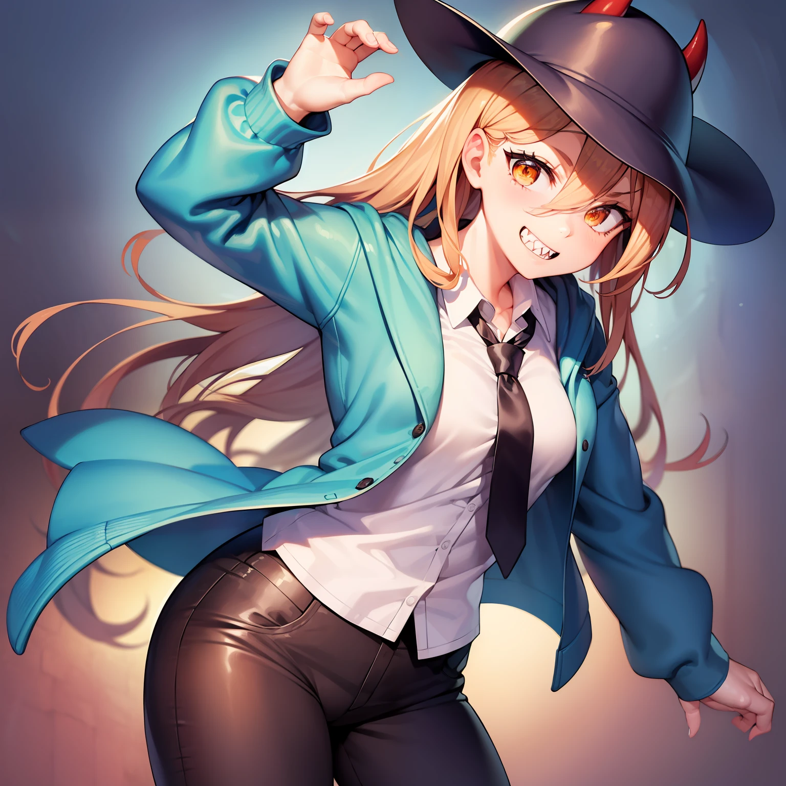 (masterpiece, best quality:1.2), cowboy shot, solo, 1girl, power \(csm\), sharp teeth, grin, looking at viewer, cross-shaped pupils, blue jacket, collared shirt, black necktie, black pants