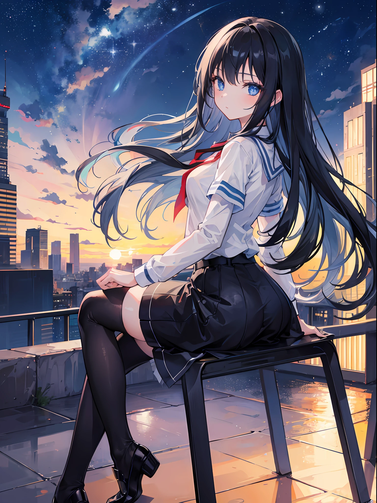 1 girl, black hair, looking at viewer, night city + starry +sunset,8K , masterpiece,ultrasharp,high res, blue eyes,stocking
