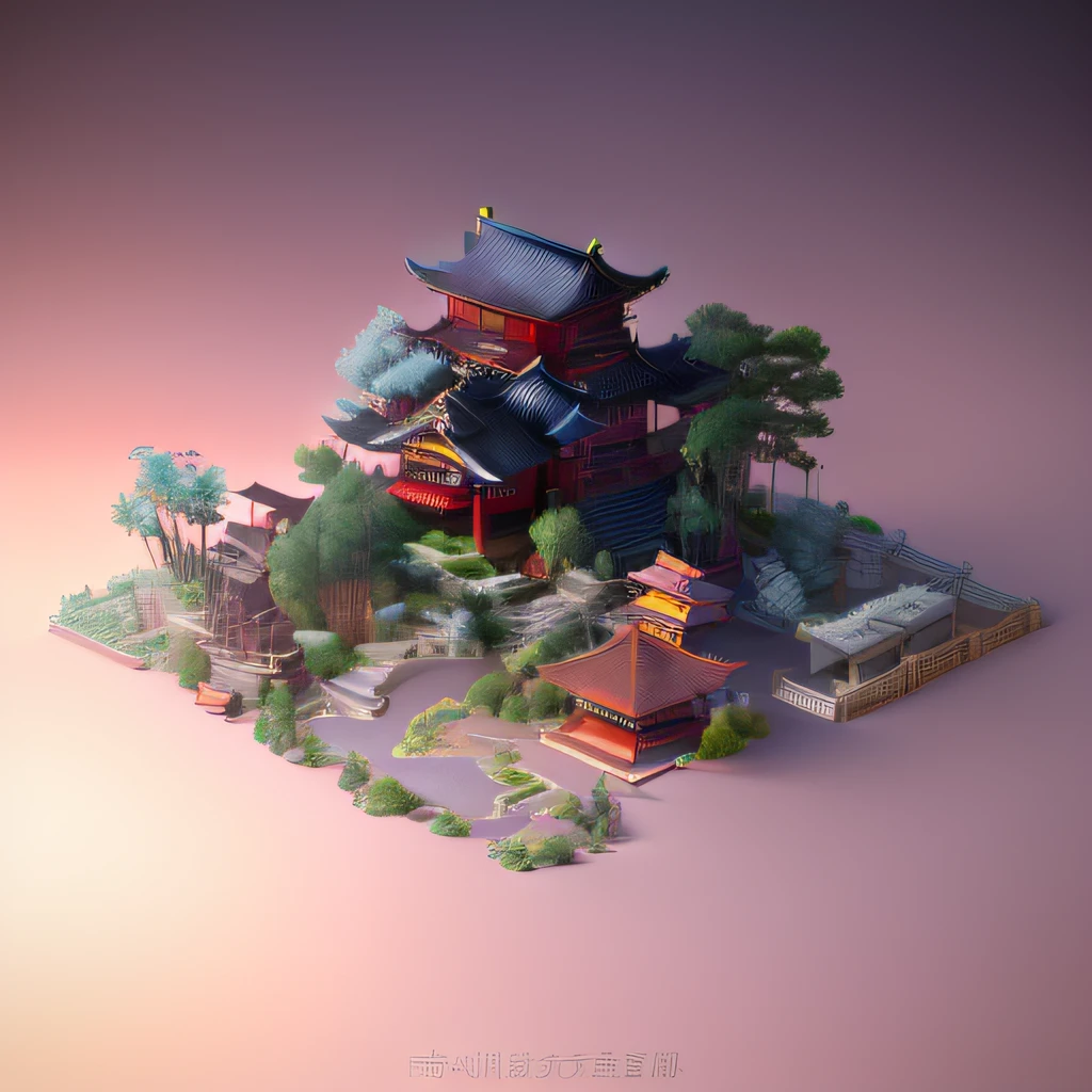 Masterpiece, Best quality, (Extremely detailed Cg Unity 8K wallpaper), (Best quality), (Best Illustration), (Best shadow), Close-up of a building with stairs and trees, digital painting of a pagoda, Japanese art style, Beautiful rendering of the Tang Dynasty, Chinese style buildings, cyberpunk chinese ancient castle, Japanese style houses, anime styled 3d, japanese temples, cyberpunk japanese temple, japonisme 3 d 8 k ultra detailed, Zen temple background, with ancient chinese aesthetic, Chinese watercolor style， Isometric 3D, rendering by octane,Ray tracing,Ultra detailed