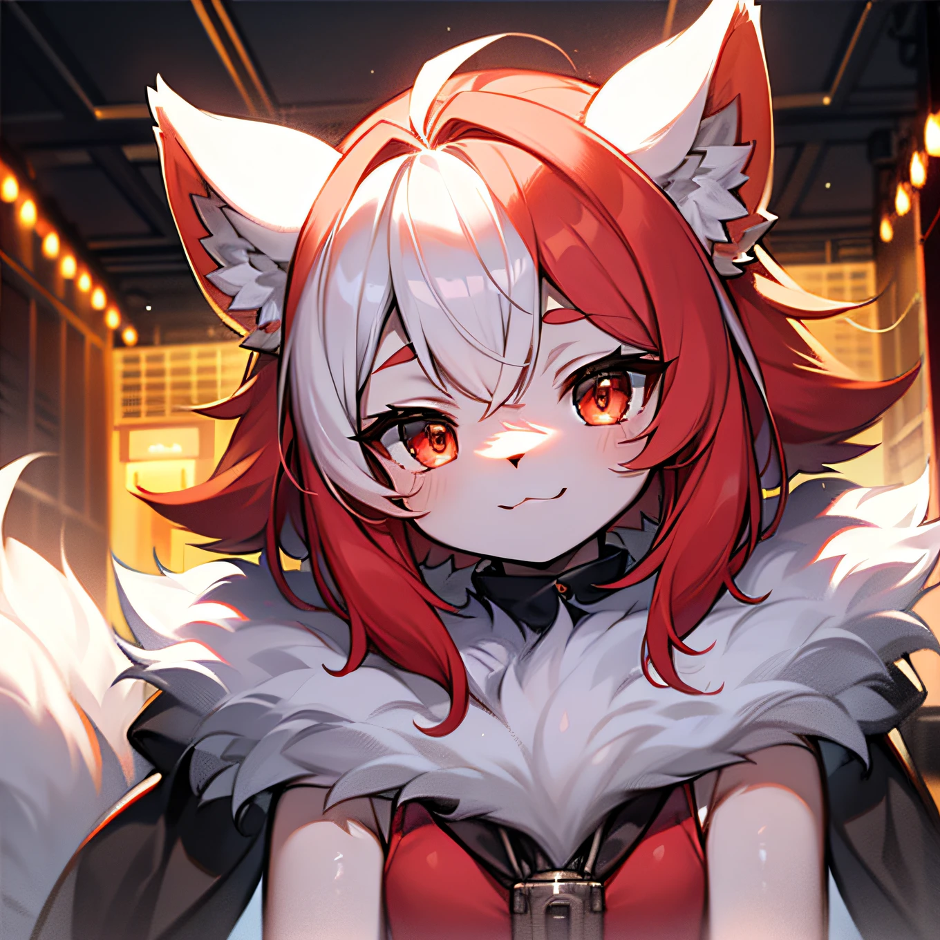 hairy pubic，White fur，hyper cute face，Red element on fur，Beautiful lights and shadows，ambient lights，Ultra-fine fur，volumettic light，a junior high school student
