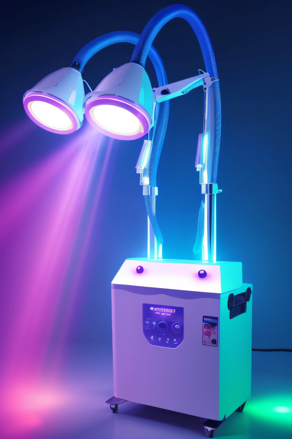 Close-up of a lamp on a stand with two lights, with electric arc device, medical lighting, medical machinery, Smoke machine, Fog machine, uv, 4 0 0 mm, body full glowing vacuum tubes, 3 0 0 mm, 300mm, with electric arc device, Half octopus half machine, Atomizer, high - tech, 800t