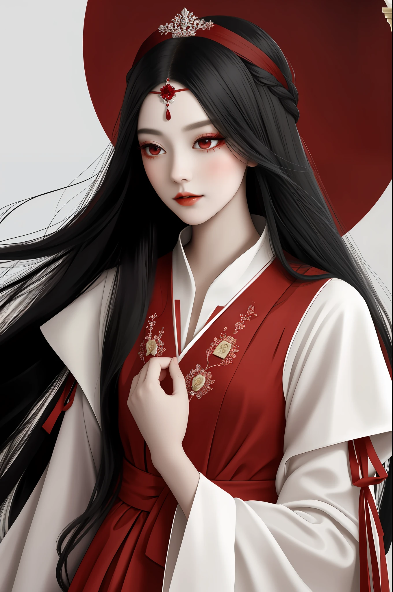 Wearing a red and white dress,woman with long black hair,Long red eyelashes,Soft period dress,HighestQuali,8K,enchanting elegance,masterful technique,Manifestations of naturalism,Harmonious composition,Creative improvements,Striking juxtaposition,evocative hues,photorealiscic face,Charming woman,fox demon, flowing hair and long robes,