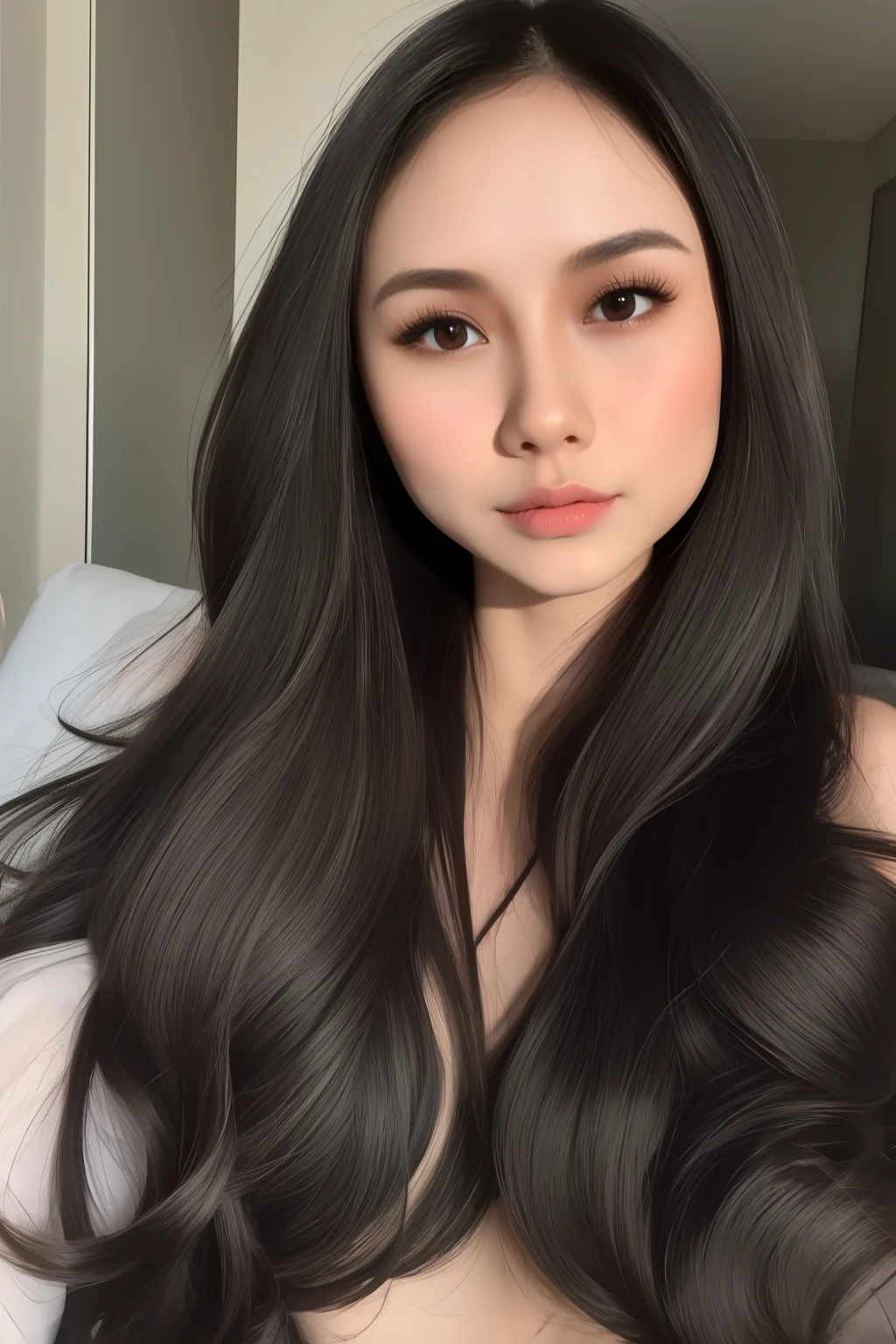 best quality, masterpiece,  (realistic:1.2), 1 girl, black long hair, black hair, very long hair, brown eyes, Front, wearing underwear, bra amd panties, bra exposed, bra seen, detailed face, beautiful eyes, malay, malaysian, detailed skin, skin texture, smile, shoulder exposed, dark background, high resolution, detailed hair, ((intan Najuwa)), flat chest, small brest, small chest, small tits, dark skin, skinny, (small breast), darker skin, brown skin,