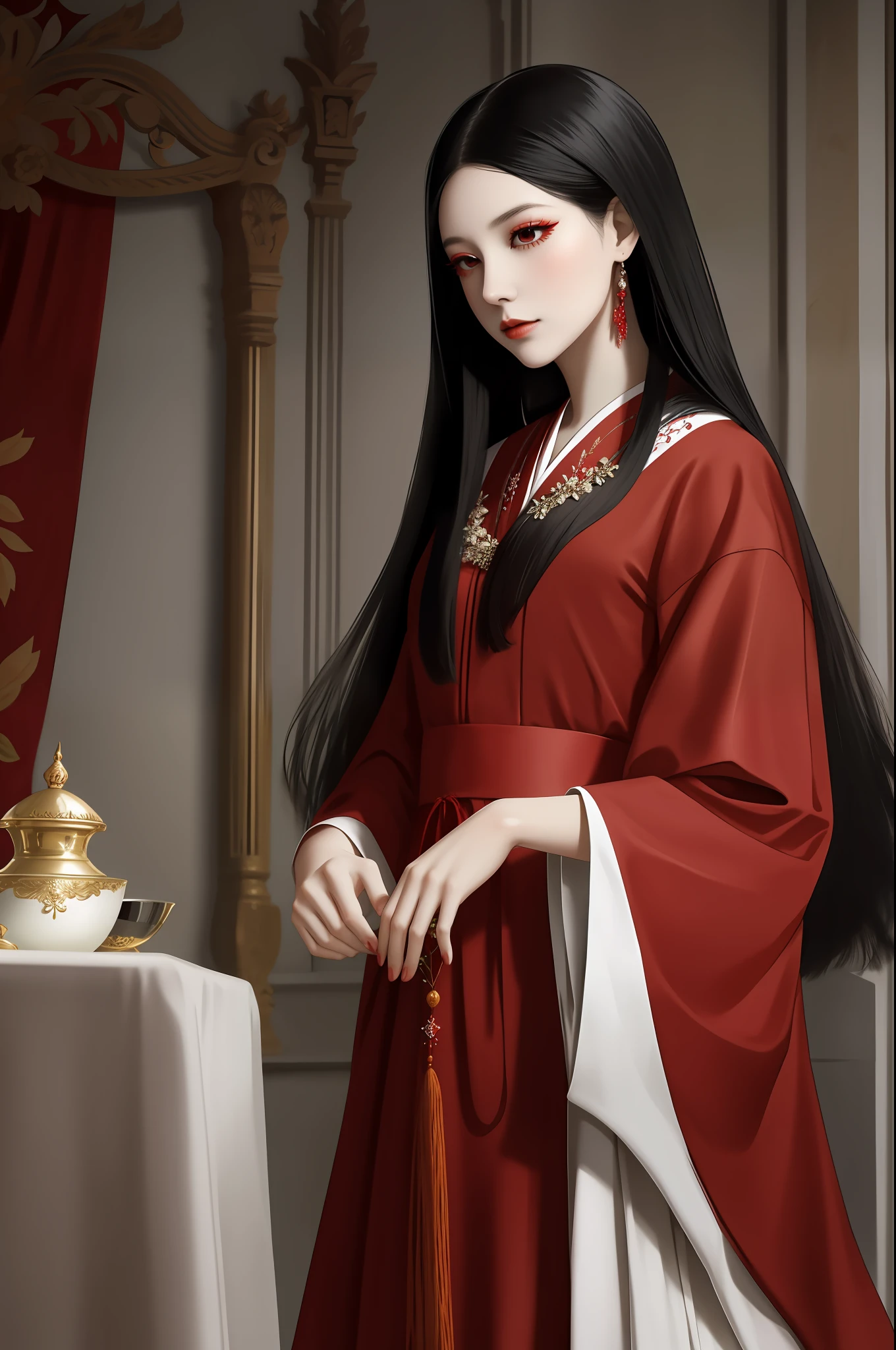 Wearing a red and white dress，woman with long black hair,Long red eyelashes，Soft period dress，HighestQuali，8K，enchanting elegance，masterful technique，Manifestations of naturalism，Harmonious composition，Creative improvements，Striking juxtaposition，evocative hues，photorealiscic face，Charming woman，fox demon， flowing hair and long robes,