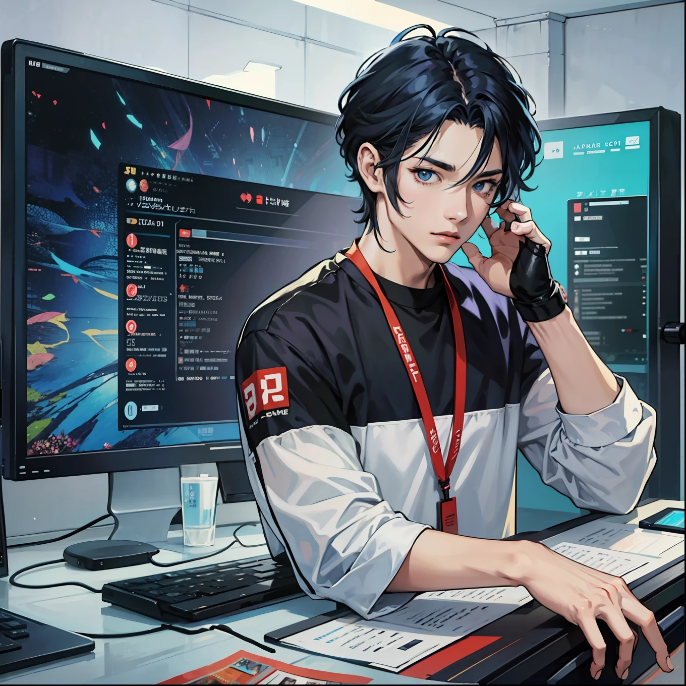 Anime boy calls to talk, ig studios anime style, nightcore, style of anime4 K, High quality anime art style, Anime boy, young anime man, Anime art style, Digital anime illustration, Anime style. 8K, in an anime style, male anime character, Kawasi，best qualtiy：1.0），（超高分辨率：1.0），Anime boys，with short black hair，blue color eyes，sitting in front of the computer，Speak into the microphone，The background is in the esports room，Earphone，The head is close to the microphone,8K
