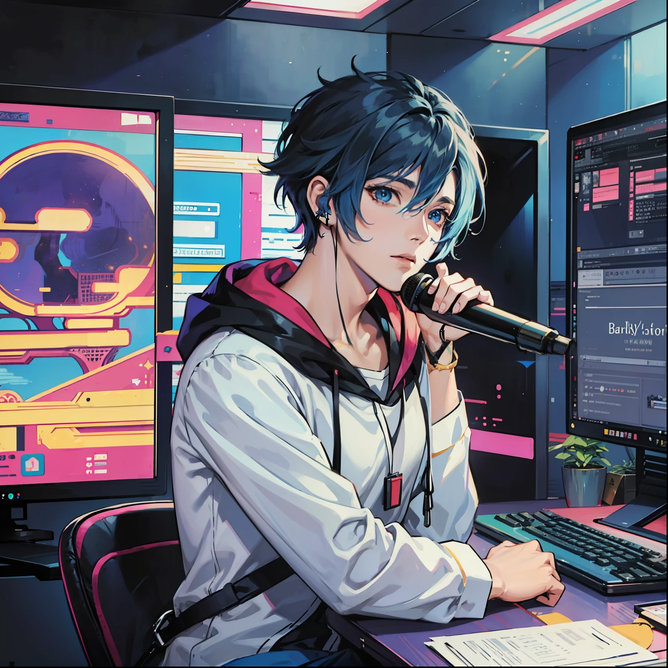 Anime boy calls to talk, ig studios anime style, nightcore, style of anime4 K, High quality anime art style, Anime boy, young anime man, Anime art style, Digital anime illustration, Anime style. 8K, in an anime style, male anime character, Kawasi,best qualtiy:1.0),(超高分辨率:1.0),Anime boys,with short black hair,blue color eyes,sitting in front of the computer,Speak into the microphone,The background is in the esports room,Earphone,The head is close to the microphone,8K
