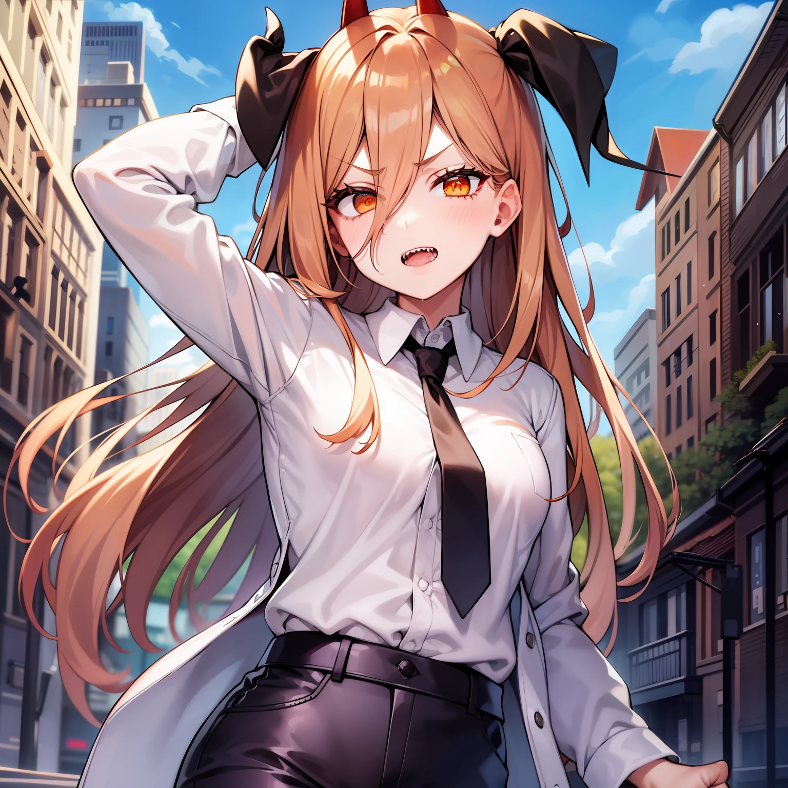 best quality, 1girl, (+_+), orange eyes, small breasts, (evil grin:0.8), (sharp teeth:0.9), white collared shirt, pointing, black necktie, black pants, cowboy shot, city street, blue sky, corneo_power