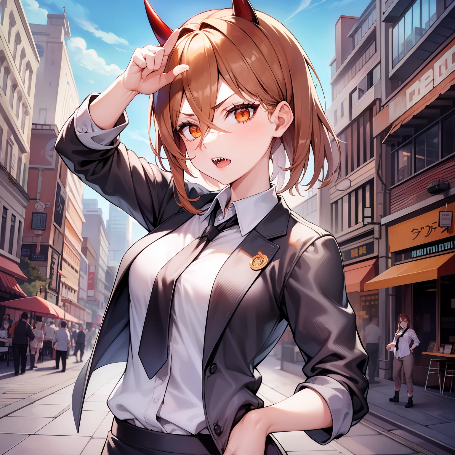 best quality, 1girl, (+_+), orange eyes, small breasts, (evil grin:0.8), (sharp teeth:0.9), white collared shirt, pointing, black necktie, black pants, cowboy shot, city street, blue sky, corneo_power