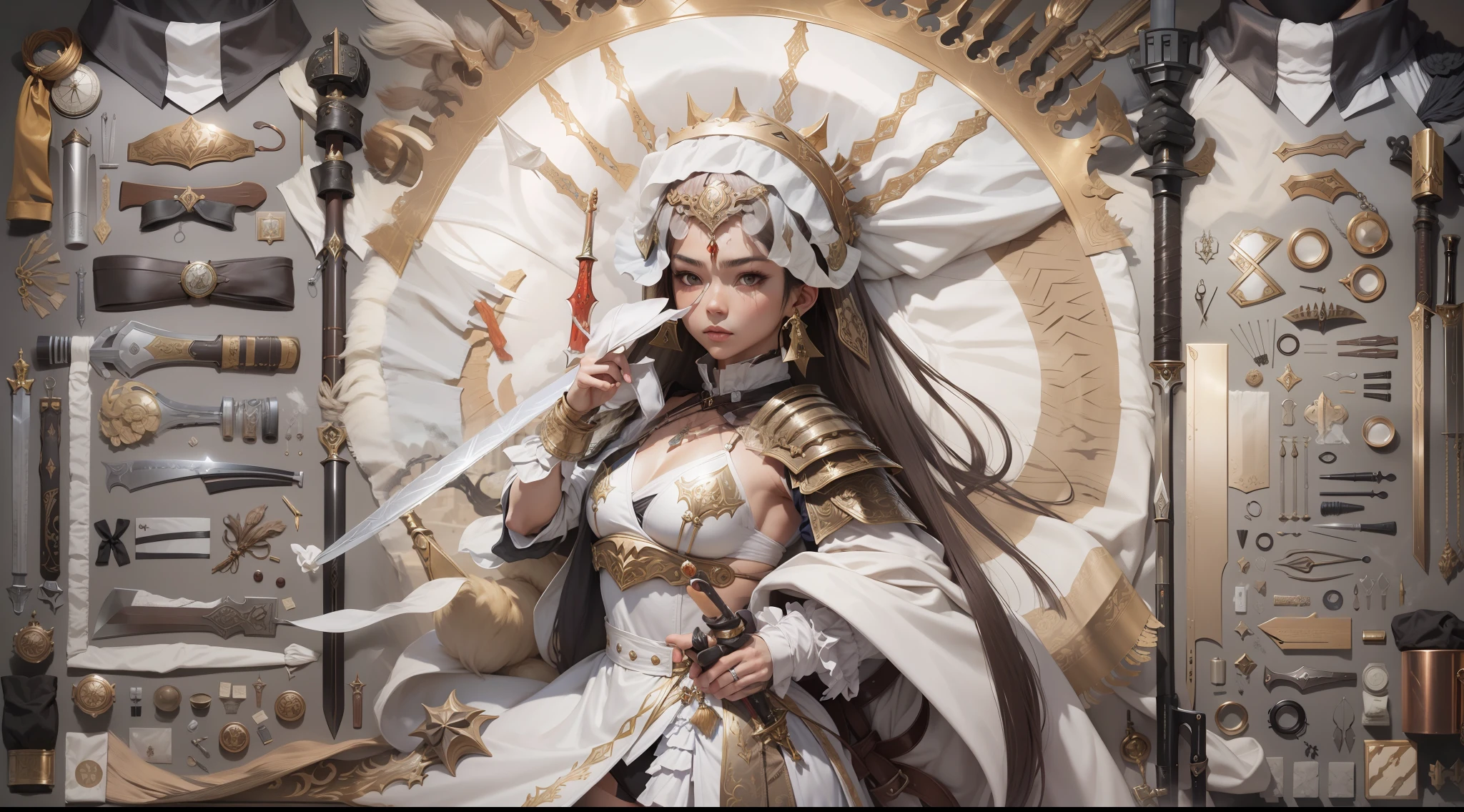 Copper model,New coffee products, Silver weapons, The sword, halter, Weapons of the future, 32K, Linen cloak, Top quality, Masterpiece:Faust,,1 child, short detailed hair, thin fog, (tmasterpiece,k hd,hyper HD,16k),clutching a sword,blood sky, Brunette knife, Shorts smoke, Mist coating, bandagens, sword sheath, Masks, 独奏,Ivory white background