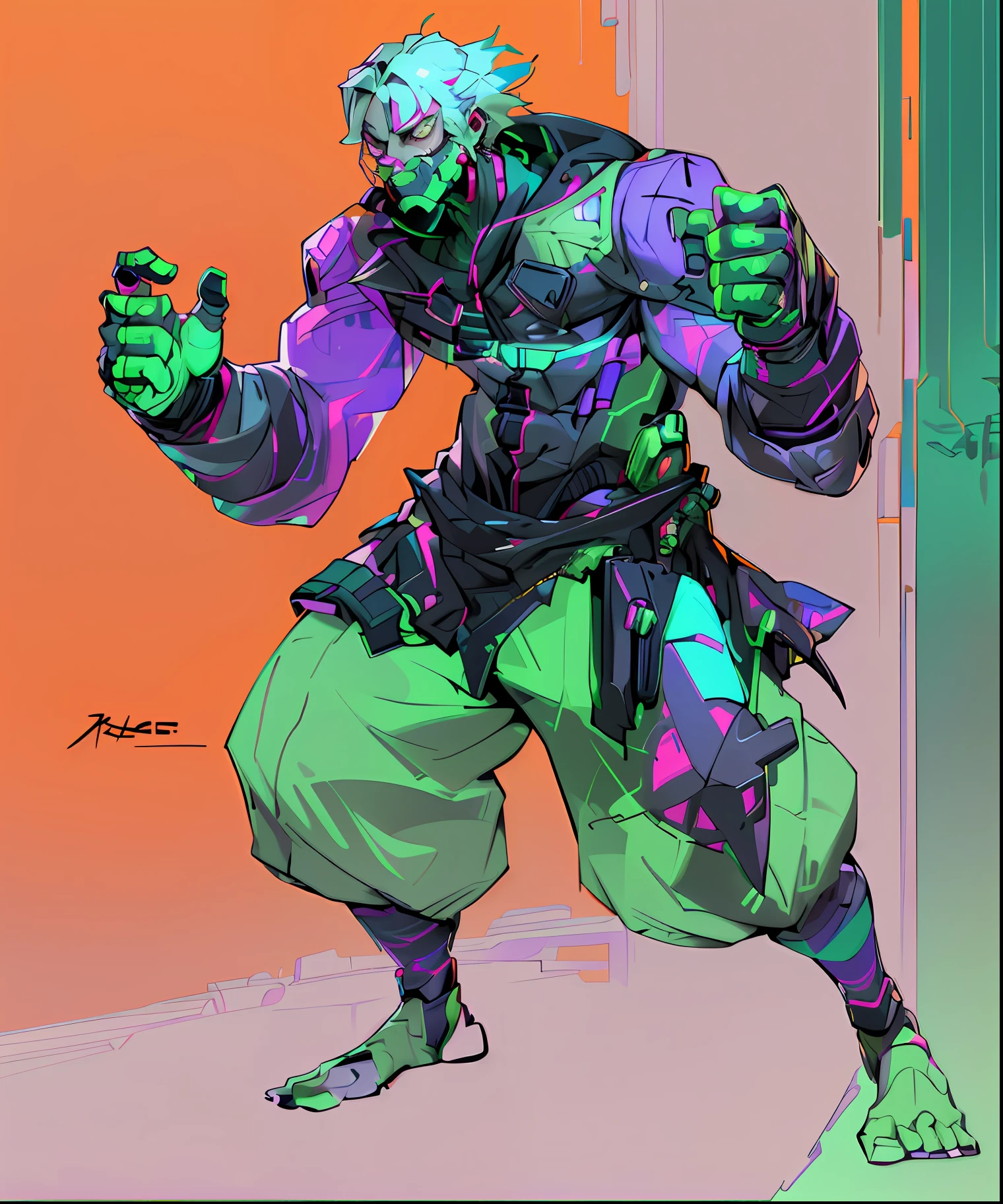 (Extremely detailed CG unity 8k wallpaper, masterpiece, best quality, super detailed), (best lighting, best shadow, extremely refined and beautiful), floating, dynamic angle, (1boy), (cyberpunk style, neon), (red: 1.3 + purple + green: 1.2 + blue: 0.9) hair, (cyberpunk outfit: 1.3), metallic silver accessories, glowing eyes, high resolution, 3D art, Unreal Engine 5 style, clear lines, good facial features, good eyes