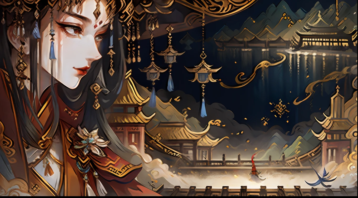 An ancient Chinese painting, Female Emperor Wu Zetian,Look down on the world,Ancient city,canals,Ancient shop,Ancient crowds,Ancient ships, rays of sunshine, tmasterpiece, super detailing, Epic composition, hyper HD, high qulity, extremely detaile, offcial art, 统一 8k 壁纸, super detailing, 32k -- v 6