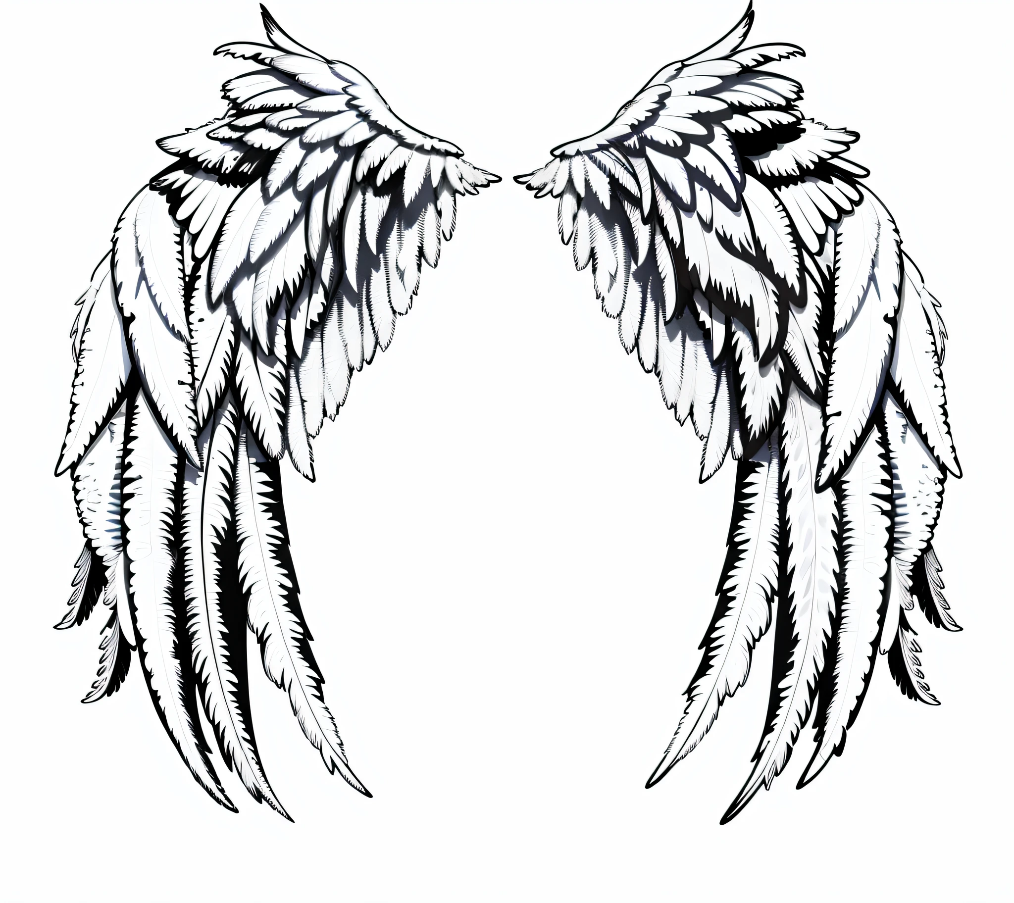 A pair of white wings on a black background, large wings, detailed wings, 2 wings, Angel wings, Archangel wings on the back, Feathery wings, Angelic wings, infinite angel wings, Symmetrical wing, massive angel wings, big angel wings wide open, Epic angel wings, With wings. Ultra-detailed, White wings, black wings instead of arms