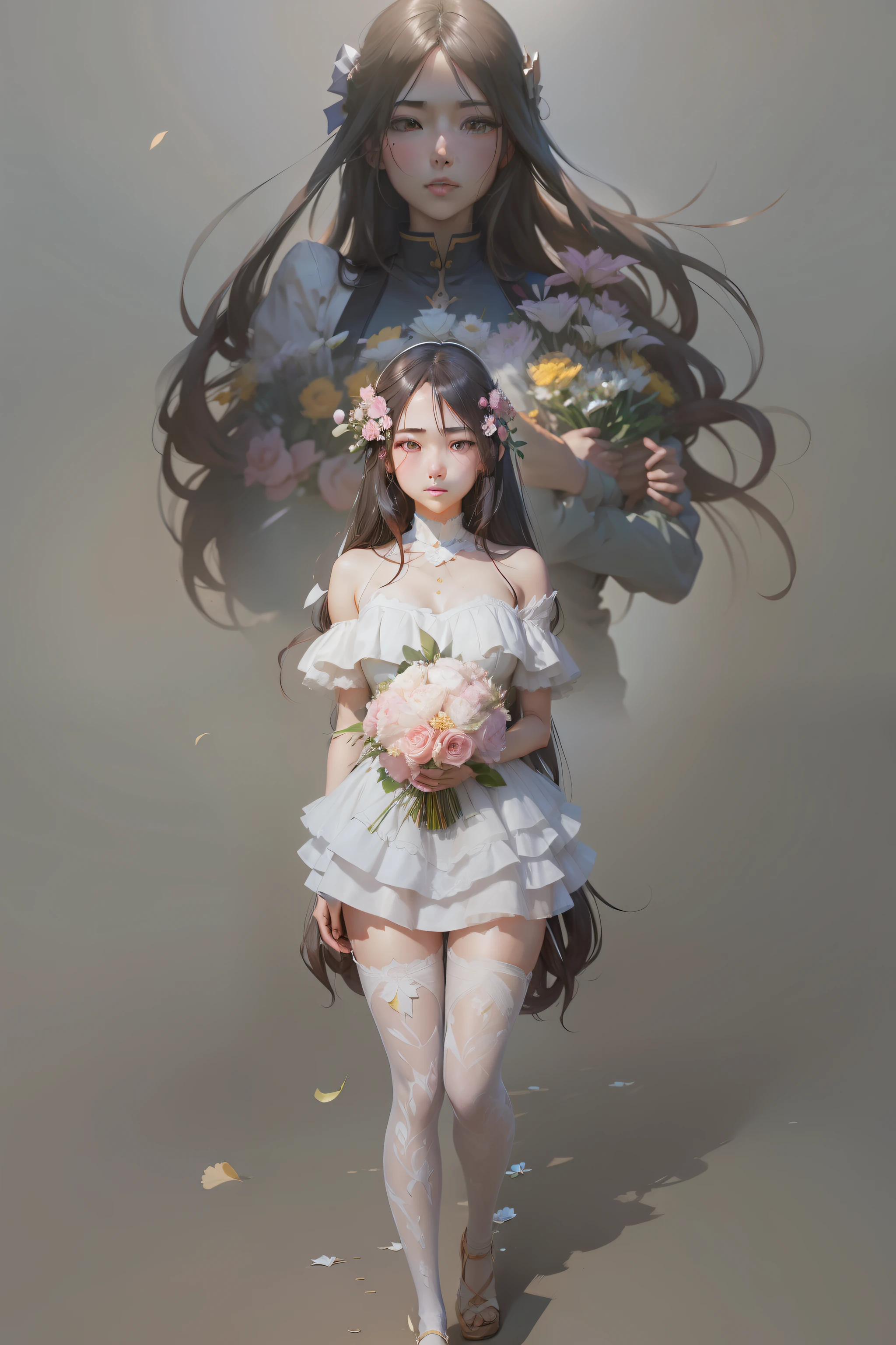 Anime girl with long hair holding a bouquet of flowers and another girl with long hair, Arte no estilo de Guweiz, Wlop e Sakimichan, Guweiz, Artgerm e Atey Ghailan, por Yang J, loish e wlop, Ruan Jia e Artgerm, Makoto Shinkai e Artgerm