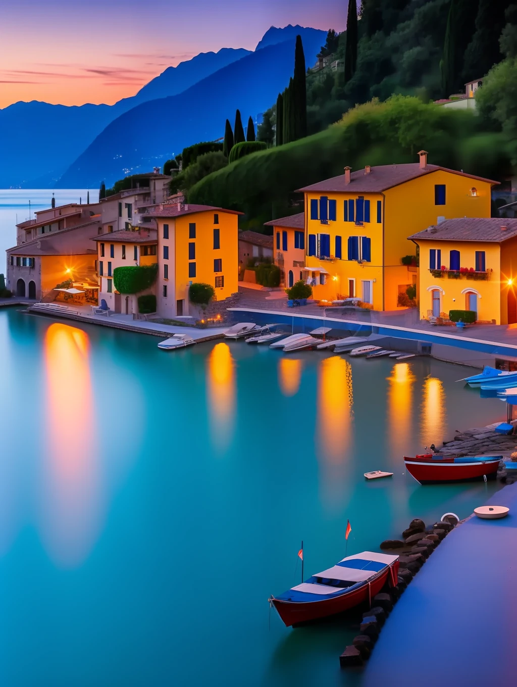 A beautiful and charming Italian village by the shore of lake Cuomo, Italy, sunset, lights on, dramatic lighting