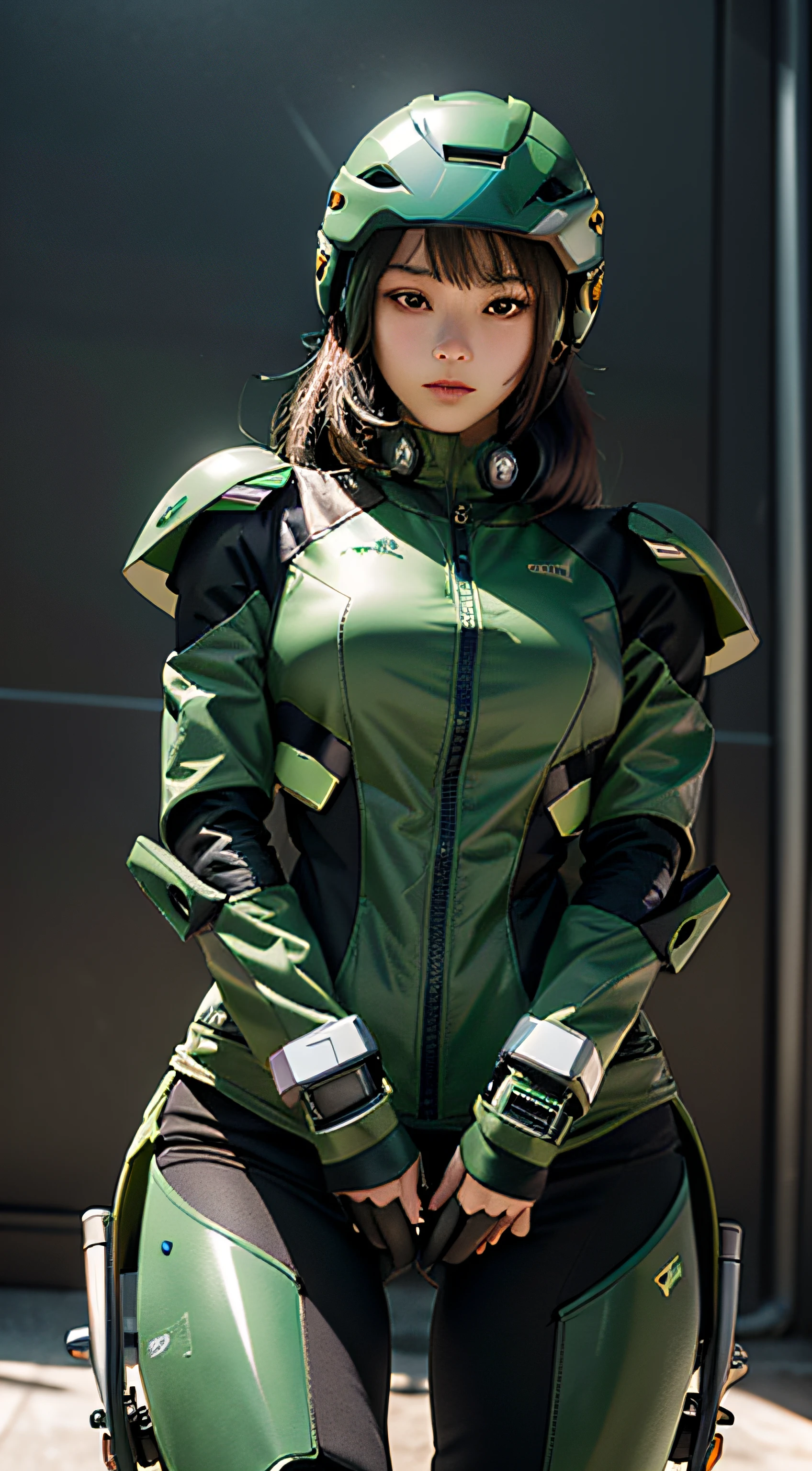 Highest image quality, outstanding details, ultra-high resolution, (realism: 1.4), the best illustration, favor details, highly condensed 1girl, with a delicate and beautiful face, dressed in a black and green mecha, wearing a mecha helmet, holding a directional controller, riding on a motorcycle, the background is a high-tech lighting scene of the future city.