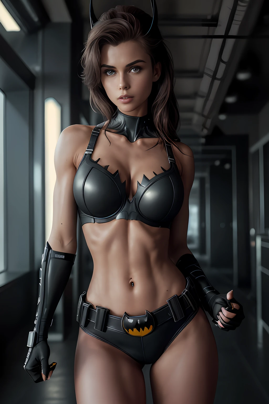 (Extremely detailed 8k wallpaper), a mid shot photo of batgirl, confident, long hair, bra, sexy top, short top:1.2, calm, modern futuristic clothing, complex, highly detailed, and dramatic, cinematic lighting, bright scene, cameltoe:1.4, thigh gap, soft lights, large breasts:1.4, nsfw:1.4, fit girl, lean girl, dark gray tight leather clothes, cleavage, bellybutton, batman logo