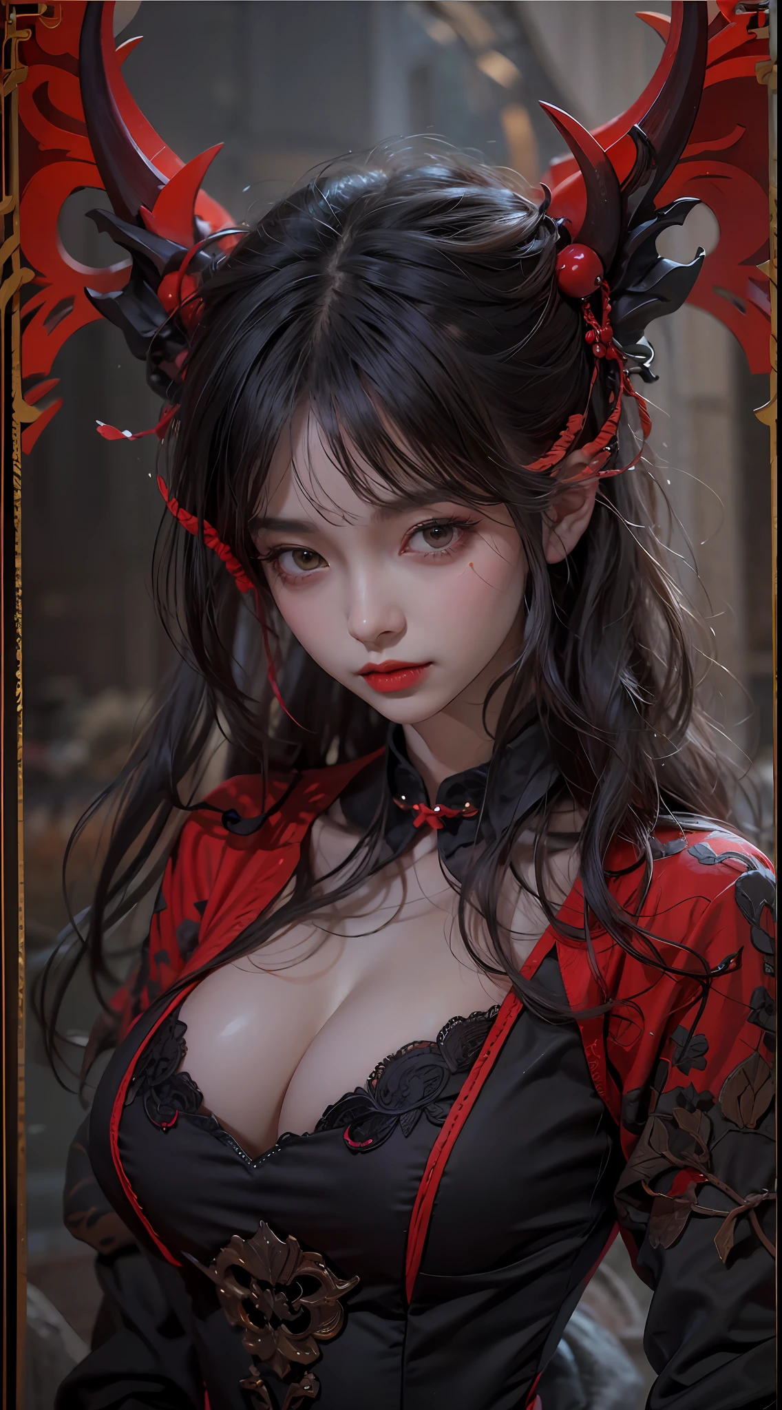 1 beautiful devil woman from hell, surreal female portrait by David Hockney and Alphonse Mucha, fantasy art, chinese doll, photorealism, dynamic lighting, artstation, poster, volumetric lighting, very detailed faces, 8k ultra, awarded, in the dark, low key, cowboy lens, (Red phoenix dress: 1.0), long hair, black hair, bust, devil's Palace, devil crown, red eyes make up very sharp and detailed, the most beautiful face, the breasts are very big and round and round, super realistic, chinese women's clothing, polo neck sweater, charming smile, the eyes are very well made up, ((bloodshot eyes:0.9)), guweiz, ((devil style:1.0)), (((the beautiful demon woman face has veins of blood floating on her face:0.4))), wearing black mesh socks, ponytail with a bow tied at the back of the hair, plump and beautiful red lips, wearing a thin red and black robe, Hands pull the straps to reveal sexy breasts, the landscape is overcast and thunderous, (upper body portrait), close-up of the main character, (detailed spooky background:0.8), HDR, UHD, 8kquality, detailed pixel, facing the beautiful girl, looking at the girl body,