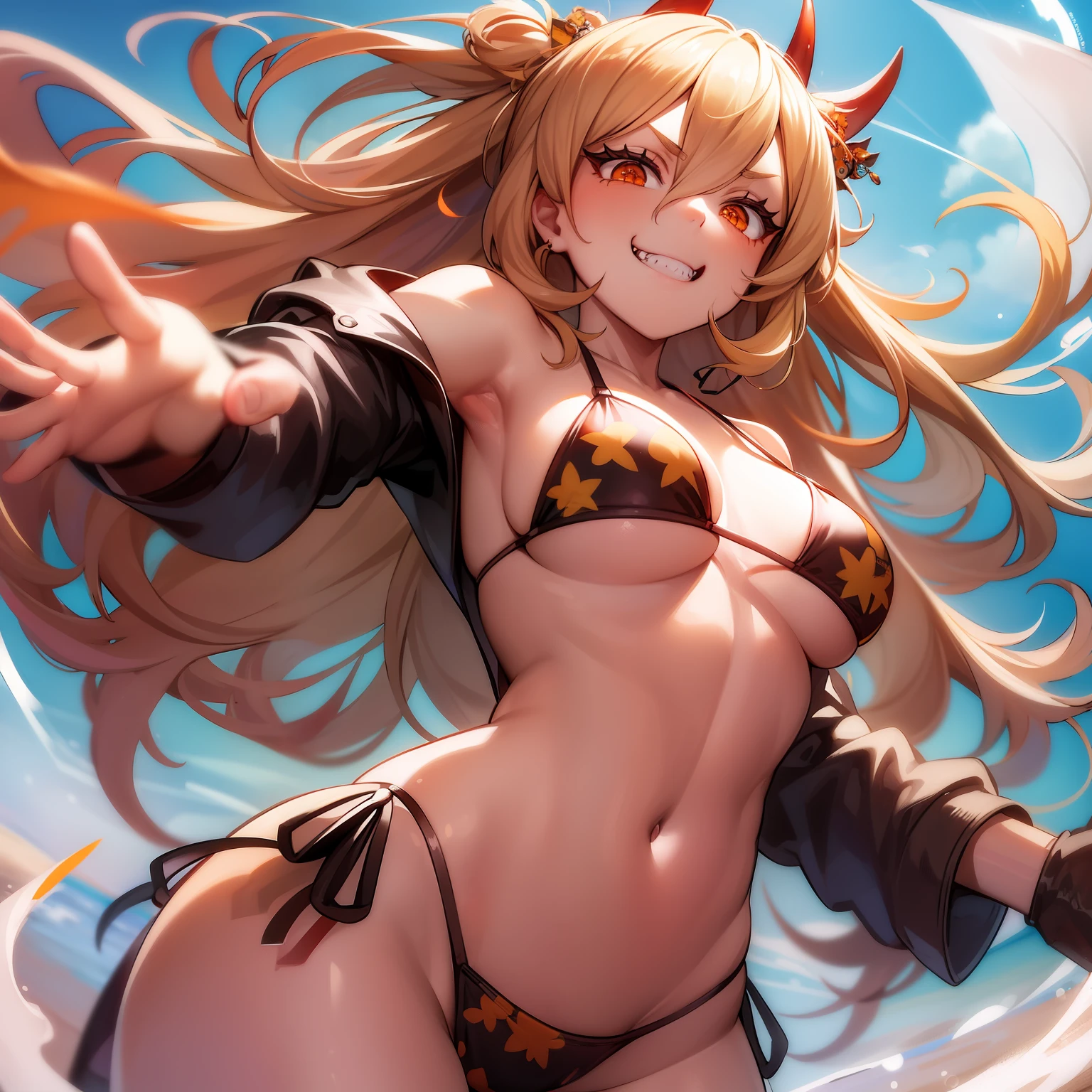 best quality, 1girl, +_+, orange eyes, standing, (print bikini), beach, from below, looking at viewer, (sharp teeth:0.8), evil grin, corneo_power