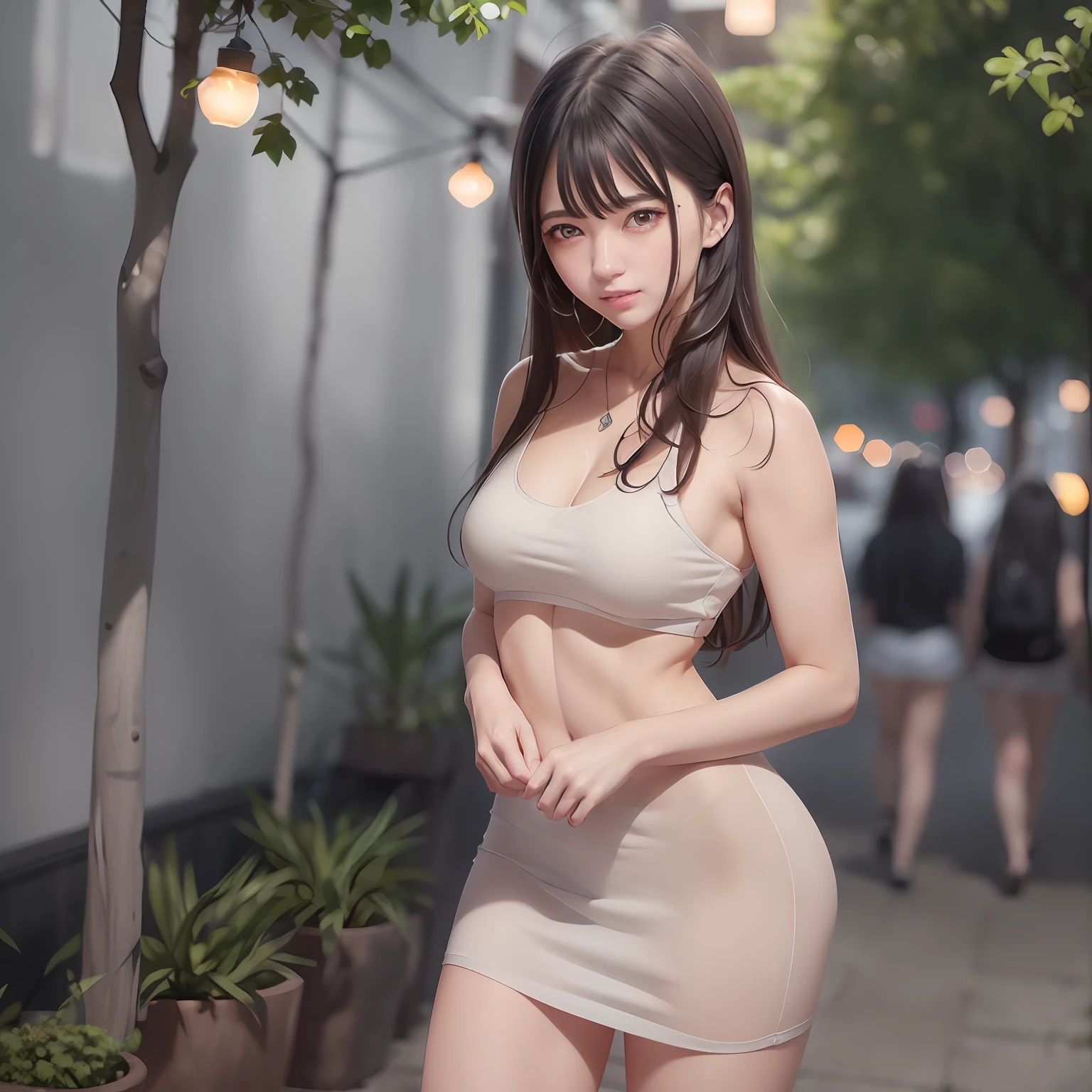 ((Realistic lighting, Best quality, 8K, Masterpiece: 1.3)), Focus: 1.2, 1girl, Perfect Figure: 1.4, Slim Abs: 1.1, ((Dark brown hair)), (White dress: 1.4), (Outdoor, Night: 1.1), City streets, Super fine face, Fine eyes, Double eyelids,