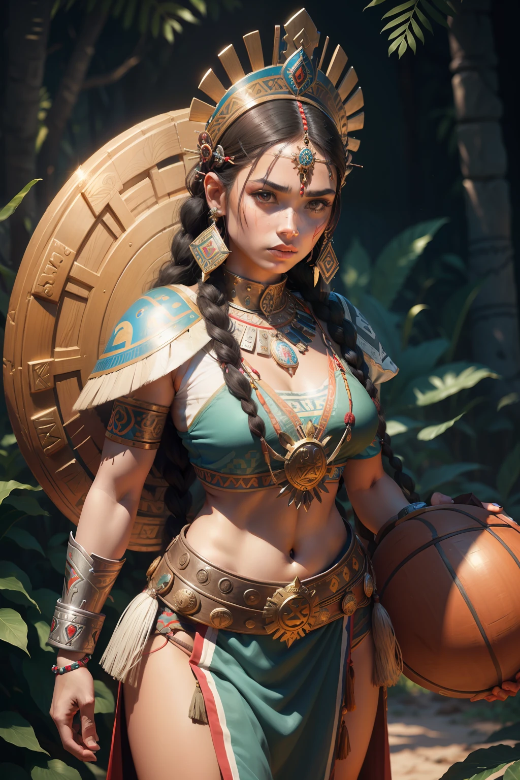 Arafed woman in native dress holding a basketball and a shield, Beautiful warrior woman, Aztec warrior goddess, She is dressed in shamanic clothes, Warrior Bird, Young female shaman, Warrior Woman, Beautiful warrior woman, Portrait of an Aztec princess, hyperdetailed fantasy character, fantasy art behance, Эпос 3 D Yemaya, Beautiful young shaman, female warrior