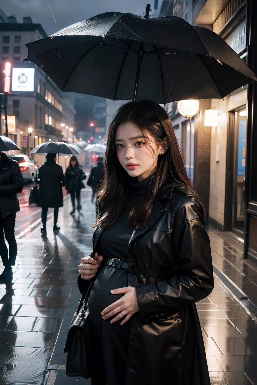 tmasterpiece， best qualtiy，It was a rainy evening，Cold winds swept the fallen leaves and ravaged the city，A man and a woman stand at the entrance of the city maternity and  hospital with umbrellas，In the crowd，The woman looked at the man with a slightly pale face