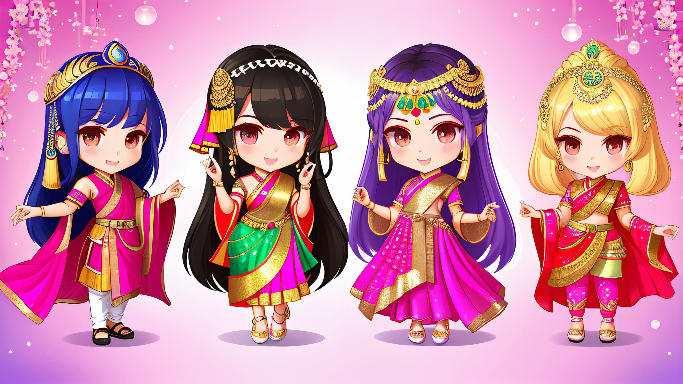 three chibi doll characters dressed in Indian sari and jewelry, perfect android girl family, of an Indian princess, traditional female hairstyles, my dress up darling anime, ancient Asian dynasty princess, Indian style, beautiful female princess, fashion gameplay screenshot, artificial intelligence princess, Indian empress, design your own avatar, cute colorful adorable, wearing Indian fantasy formal Indian clothing, my dress-up darling