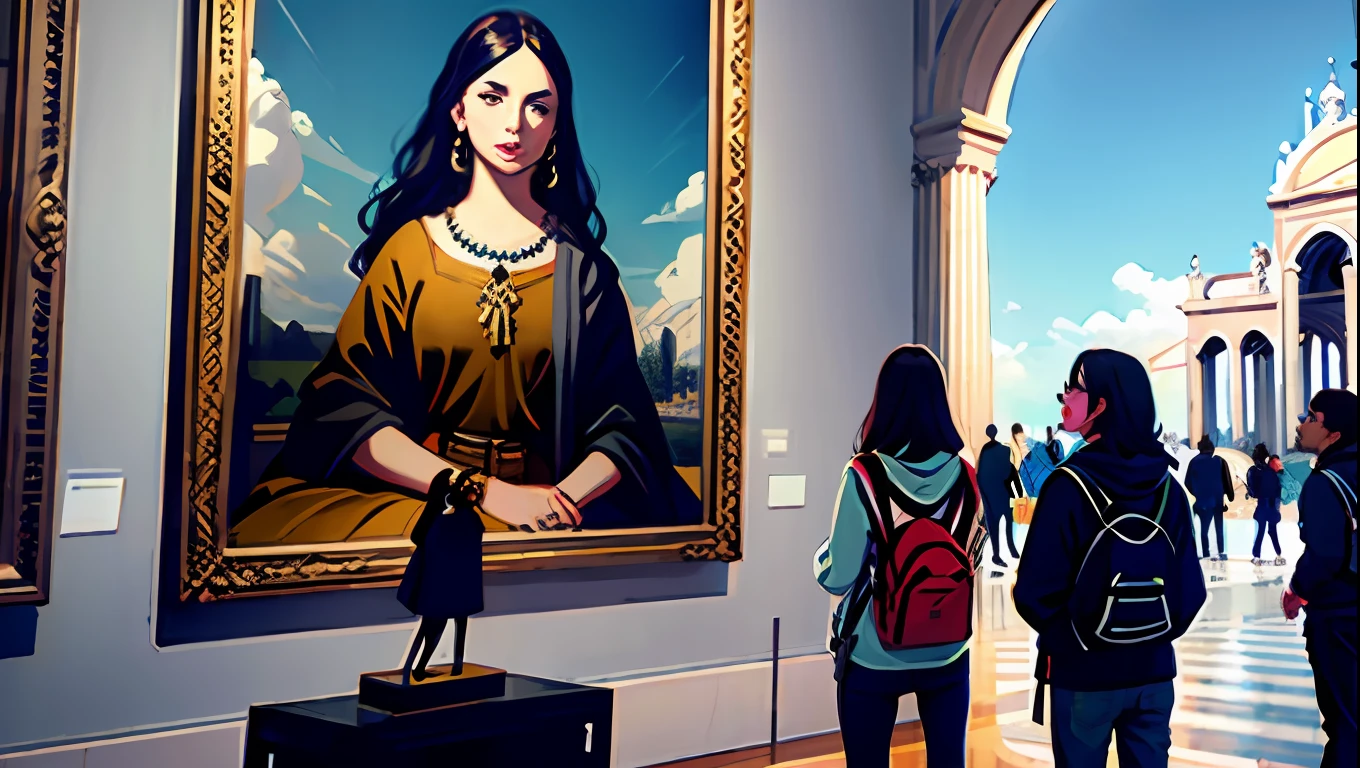 (muitas pessoas apreciando uma obra de arte no museu)