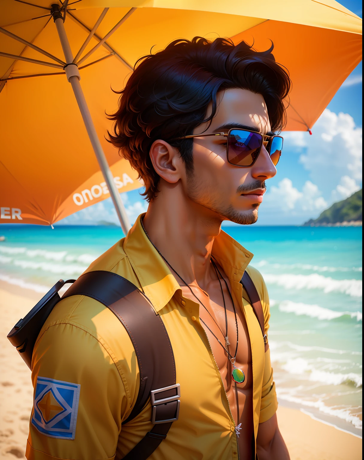 There's a man with black hair and sunglasses on a beach, na praia, wearing orange sunglasses, caio santos, Directed by: Samuel Silva, Directed by: Nandor Soldier, looking to the side off camera, goggles around his neck, Foto de perfil, O oceano ao fundo, na praia, Looking away from the camera, em uma praia tropical