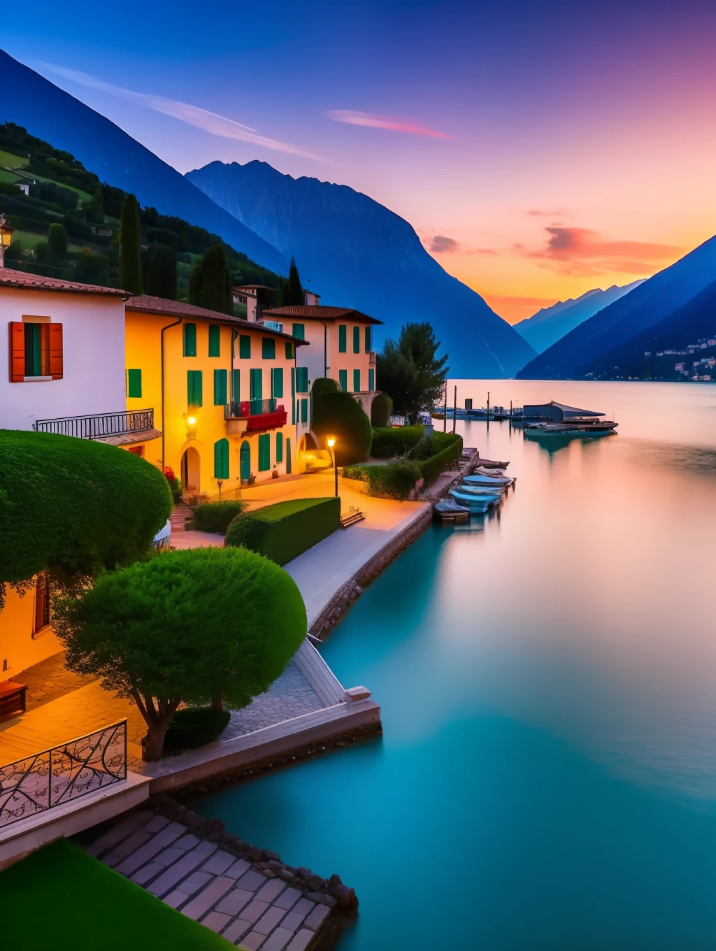 A beautiful and charming Italian village by the shore of lake Cuomo, Italy, sunset, lights on, dramatic lighting