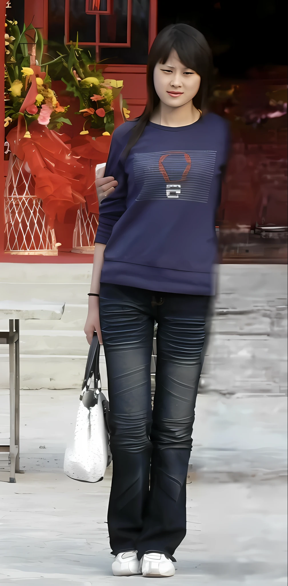 Zhu Ai_Villas,RAW photos,Brand photos,(highdetailskin:1.2),8k ultra high definition,digital SLR camera,gentlesoftlighting,high high quality,filmgrain,富士XT3,18 year old Asian girl,Wear simple clothes,T-shirt and skinny jeans,perfect body figure,Super detailed facial details and skin,Fair and tender face and skin,A sweet smile,fully body photo