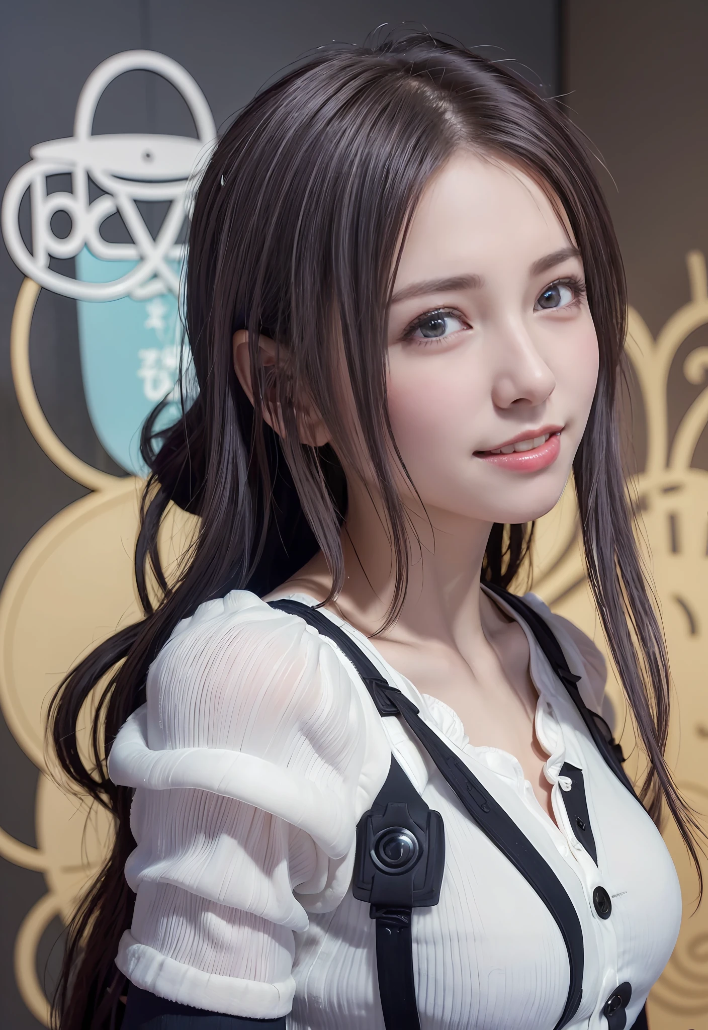 "((ighly detailed、8k wallpaper、​masterpiece、top-quality、ultra-detailliert))、Perfect Goddess、 s、A perfect woman、Boyish hair、surrealistic、​masterpiece、best pictures)、(hyper detailed face and body)、Give a smile、(Show your teeth)、Future Cyberpunk Japan