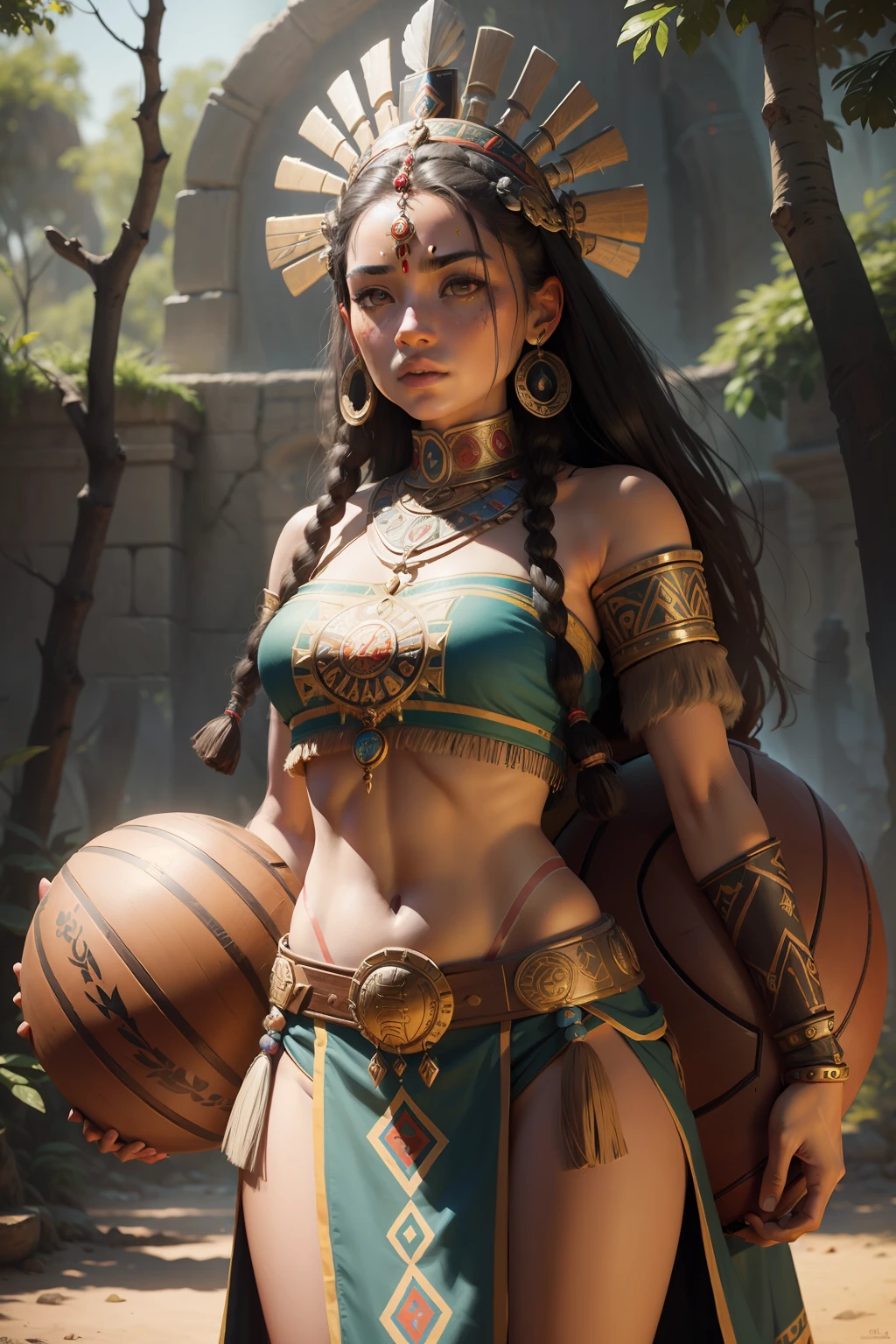 Arafed woman in native dress holding a basketball and a shield, Beautiful warrior woman, Aztec warrior goddess, She is dressed in shamanic clothes, Warrior Bird, Young female shaman, Warrior Woman, Beautiful warrior woman, Portrait of an Aztec princess, hyperdetailed fantasy character, fantasy art behance, Эпос 3 D Yemaya, Beautiful young shaman, female warrior