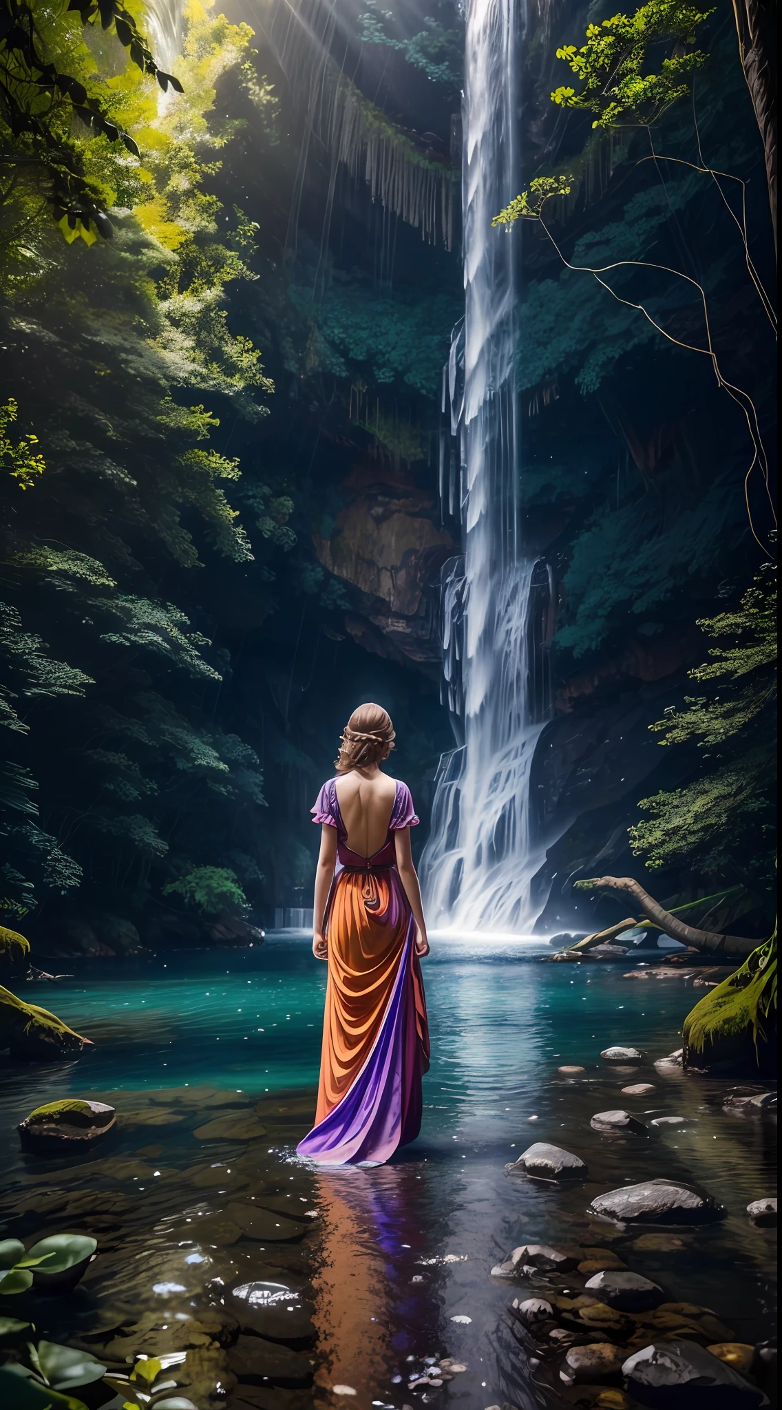 1girl, realistic beautiful young woman, wearing colorful dress, waterfall, walking under the waterfall, with her back to the audience, ethereal beauty, full body, character ratio is only 1/8, lake surface, ((large grove)), Tyndall ray, realism, cinematic lighting, ray tracing, optical illusion, lens flare, 120mm, f/1.2, sony fe gm, ultra hd, retina, masterpiece, ((best quality)), ((masterpiece)), (very detailed: 1.3)