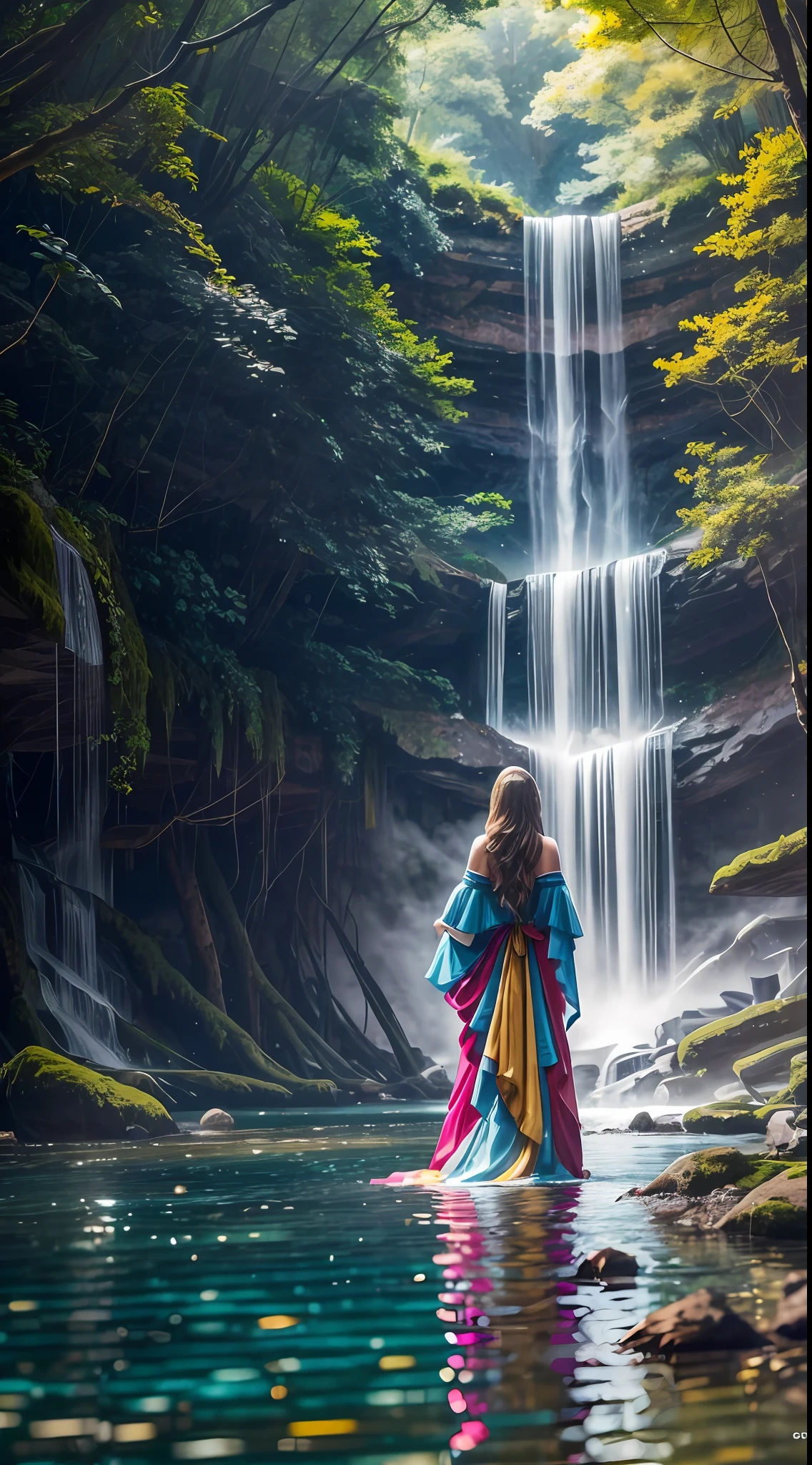 1girl, realistic beautiful young woman, wearing colorful dress, waterfall, walking under the waterfall, with her back to the audience, ethereal beauty, full body, character ratio is only 1/8, lake surface, ((large grove)), Tyndall ray, realism, cinematic lighting, ray tracing, optical illusion, lens flare, 120mm, f/1.2, sony fe gm, ultra hd, retina, masterpiece, ((best quality)), ((masterpiece)), (very detailed: 1.3)