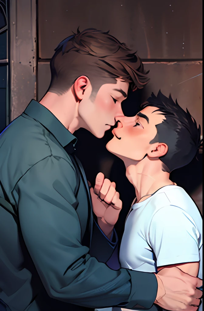 a man kissing a shorter man