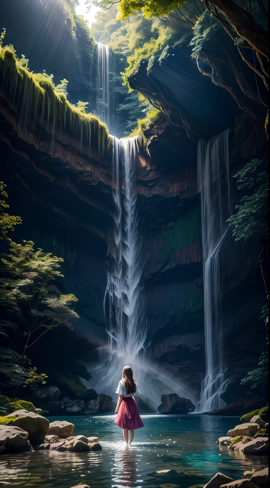 1girl, realistic beautiful young woman, wearing colorful dress, waterfall, walking under the waterfall, with her back to the audience, ethereal beauty, full body, character ratio is only 1/8, lake surface, ((large grove)), Tyndall ray, realism, cinematic lighting, ray tracing, optical illusion, lens flare, 120mm, f/1.2, sony fe gm, ultra hd, retina, masterpiece, ((best quality)), ((masterpiece)), (very detailed: 1.3)