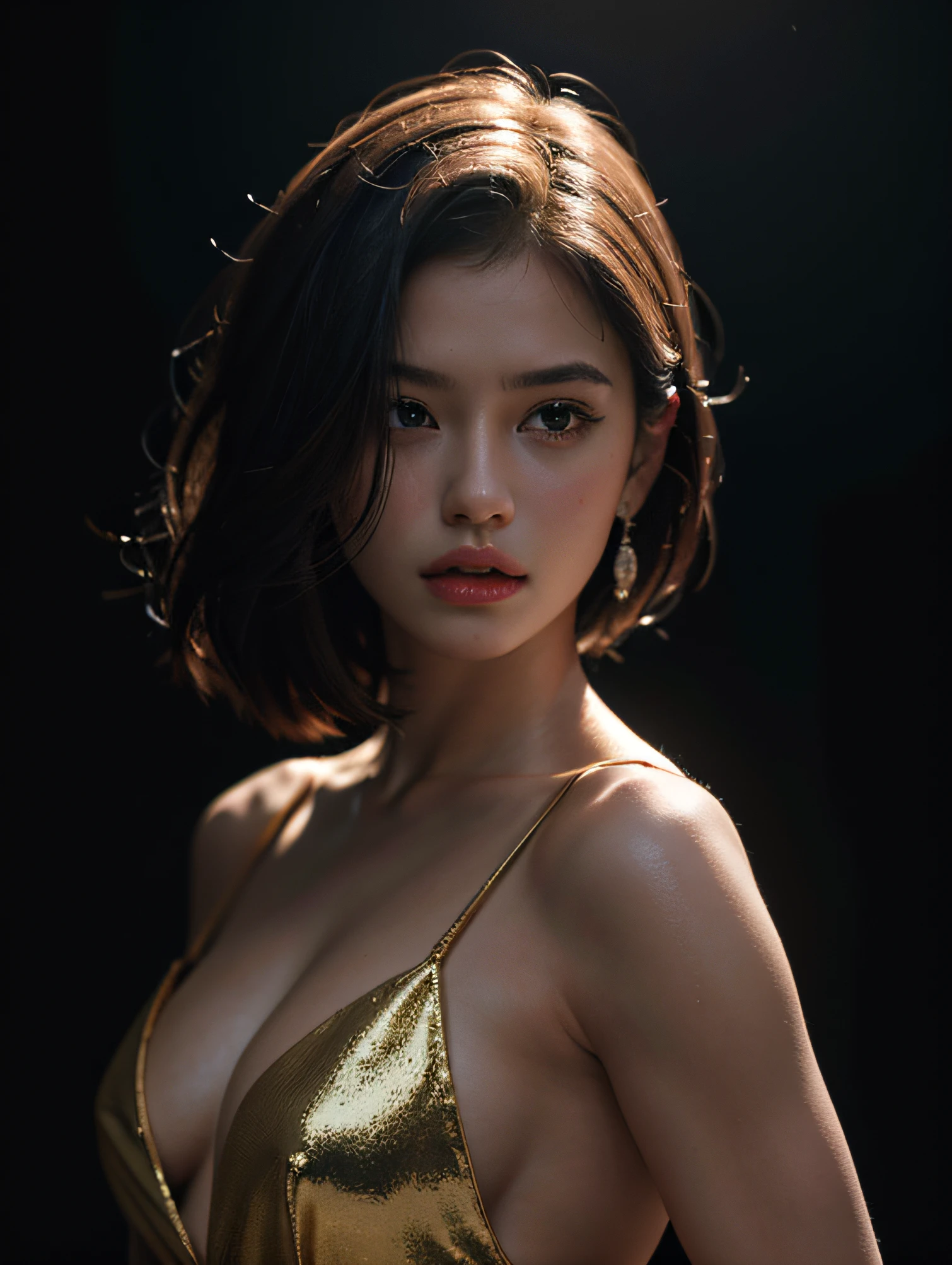 Best quality, masterpiece, ultra high res, (photorealistic:1.4), raw photo, 1girl, shoulder, shiny skin, in the dark, deep shadow, low key, cold light