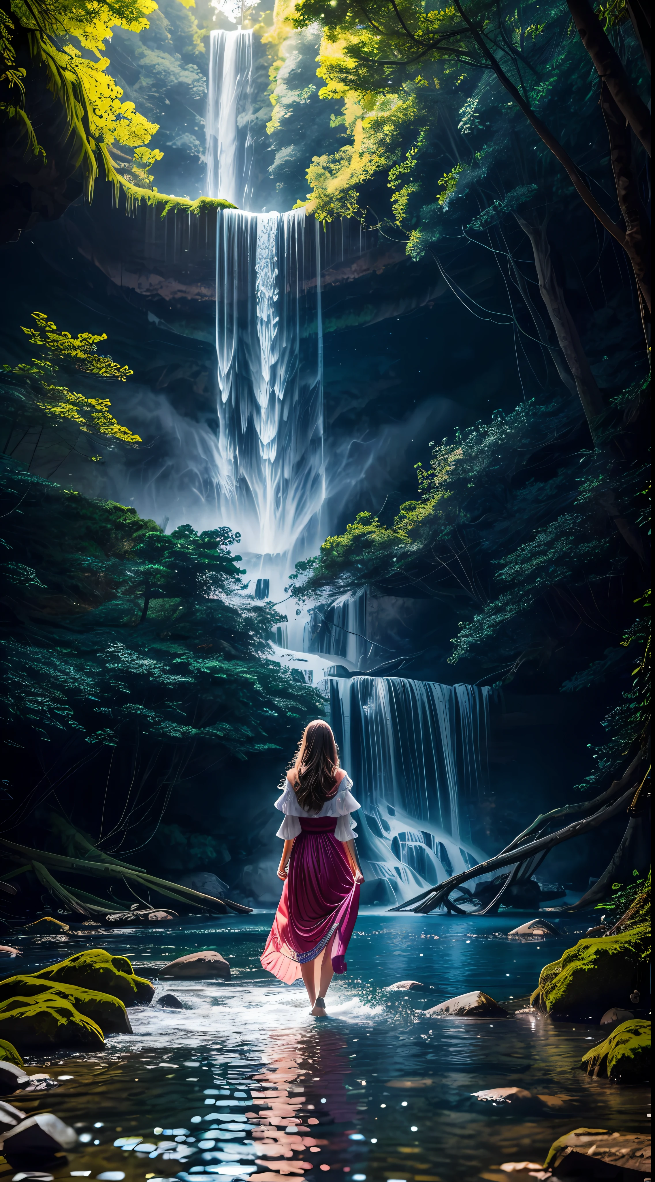 1girl, realistic beautiful young woman, wearing colorful dress, waterfall, walking under the waterfall, with her back to the audience, ethereal beauty, full body, character ratio is only 1/8, lake surface, ((large grove)), Tyndall ray, realism, cinematic lighting, ray tracing, optical illusion, lens flare, 120mm, f/1.2, sony fe gm, ultra hd, retina, masterpiece, ((best quality)), ((masterpiece)), (very detailed: 1.3)