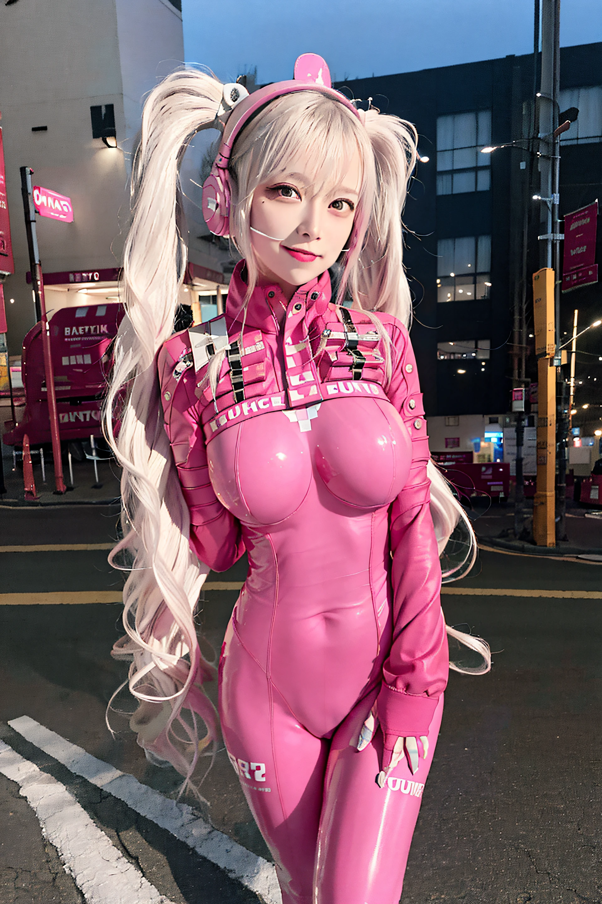 (RAW photo, best quality, masterpiece:1.2), (realistic, photo-realistic:1.4),(masterpiece:1.4),(best quality:1.4),1girl, solo, :d, animal ear headphones, animal ears, arms up, bangs, blush, bodysuit, breasts, bunny pose, clothes writing, covered navel, cowboy shot, cropped jacket, fake animal ears, gloves, outdoor,morning,snow, hair intakes, headphones, impossible bodysuit, impossible clothes, jacket, large breasts, latex, latex bodysuit, long hair, long sleeves, looking at viewer, large breasts, multicolored gloves, open mouth, pink bodysuit, pink eyes, red eyes, red jacket, shiny clothes, shrug \(clothing\), sidelocks, skin tight, smile, thigh gap, thighs, twintails, very long hair, white gloves, white hair,alice \(nikke\),(shiny skin),realistic,